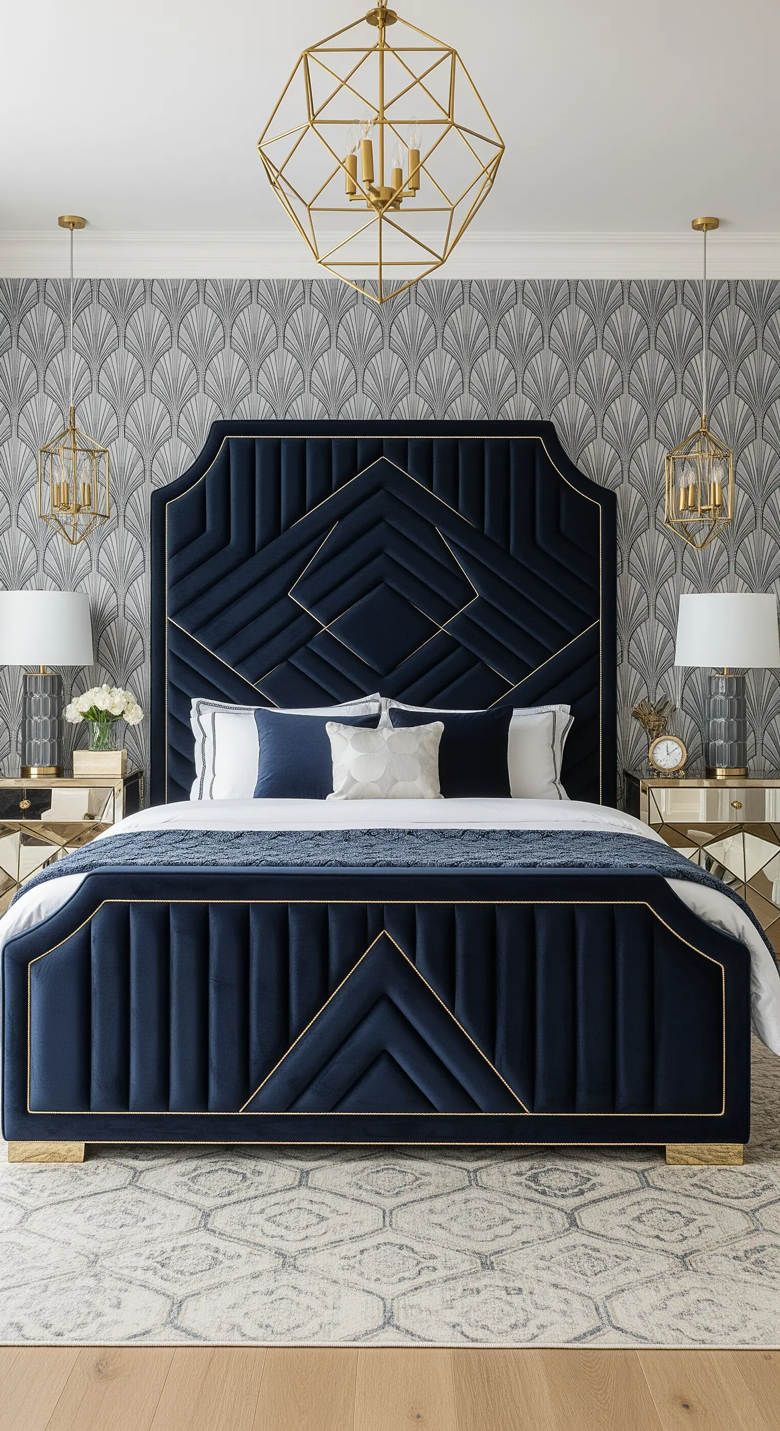 Testiera Art Déco in velluto blu notte con profili e lampade dorate.