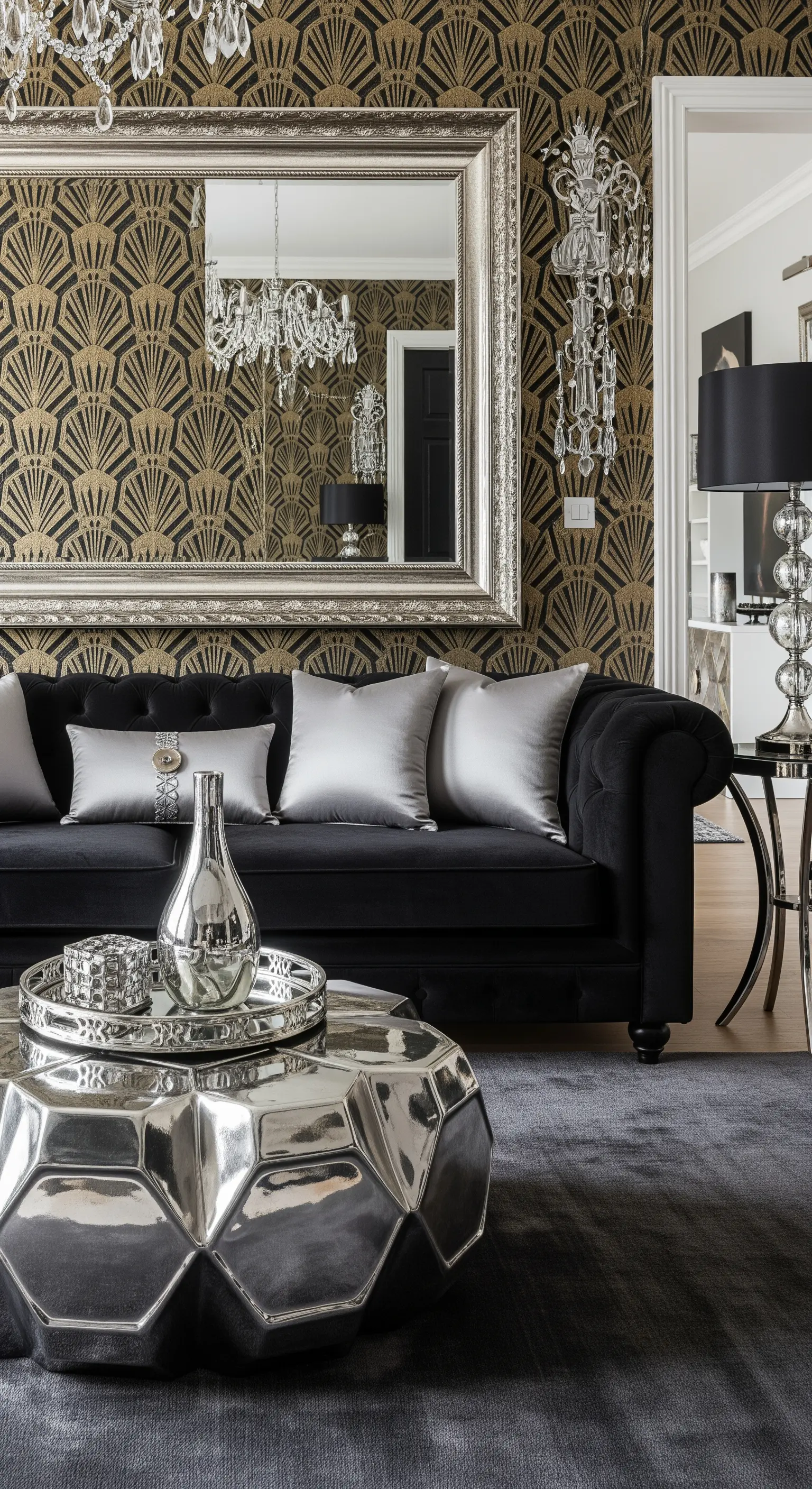 Salotto Art Déco con carta da parati a ventaglio, divano nero e dettagli cromati.