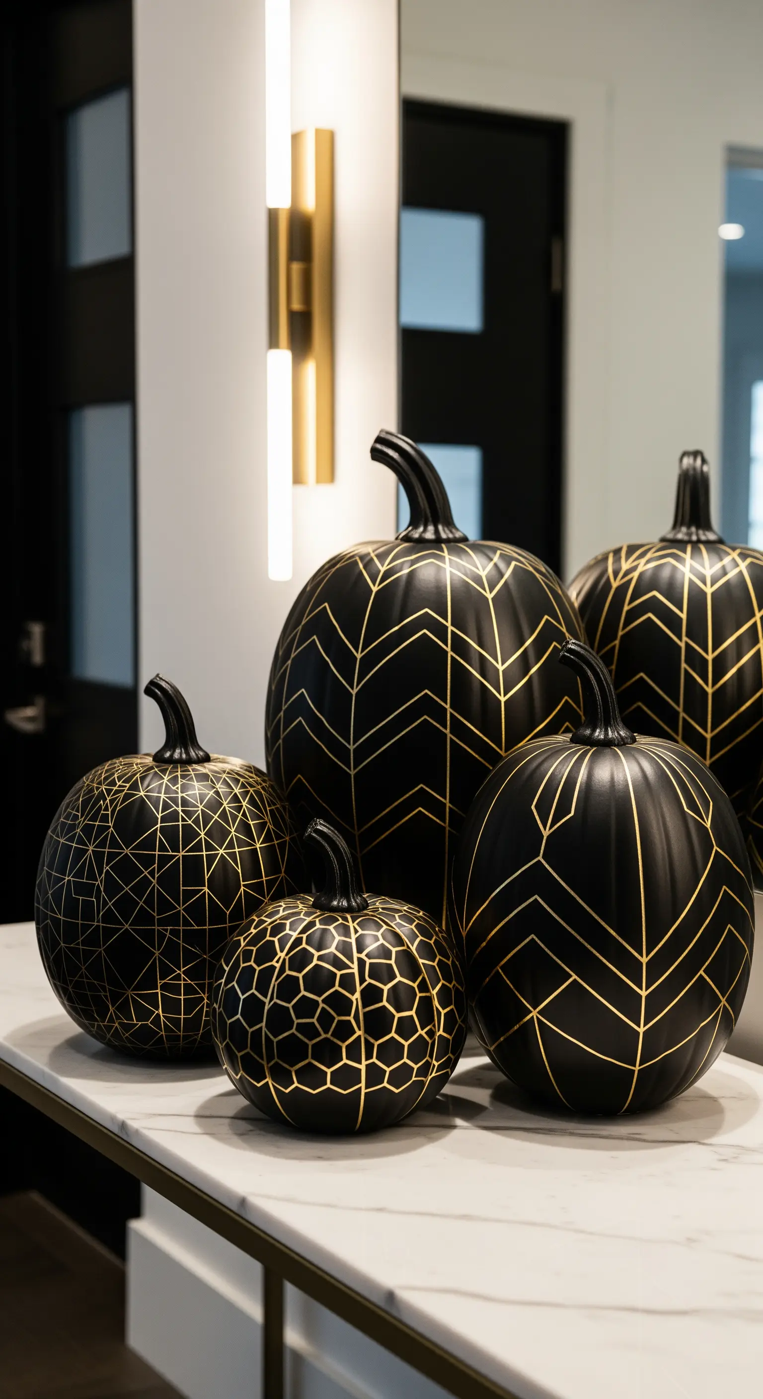 Gruppo di zucche nero opaco decorate con eleganti linee geometriche dorate su una consolle di marmo.