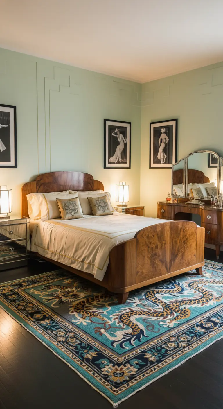 Camera da letto Art Déco con mobili in radica, pareti verde salvia e tappeto con drago.