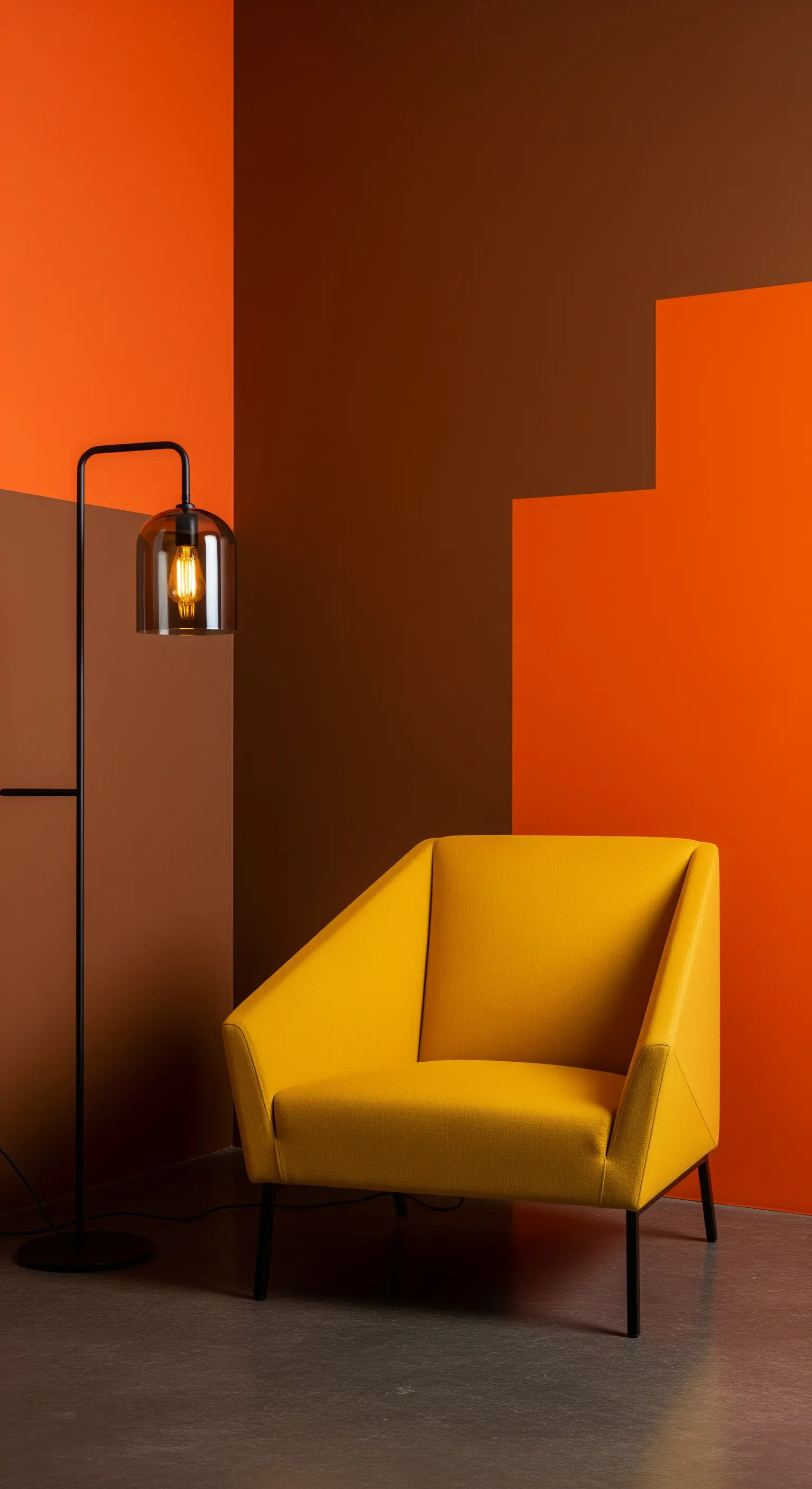 Poltrona senape contro una parete a blocchi di colore arancioni e marroni, con lampada nera.
