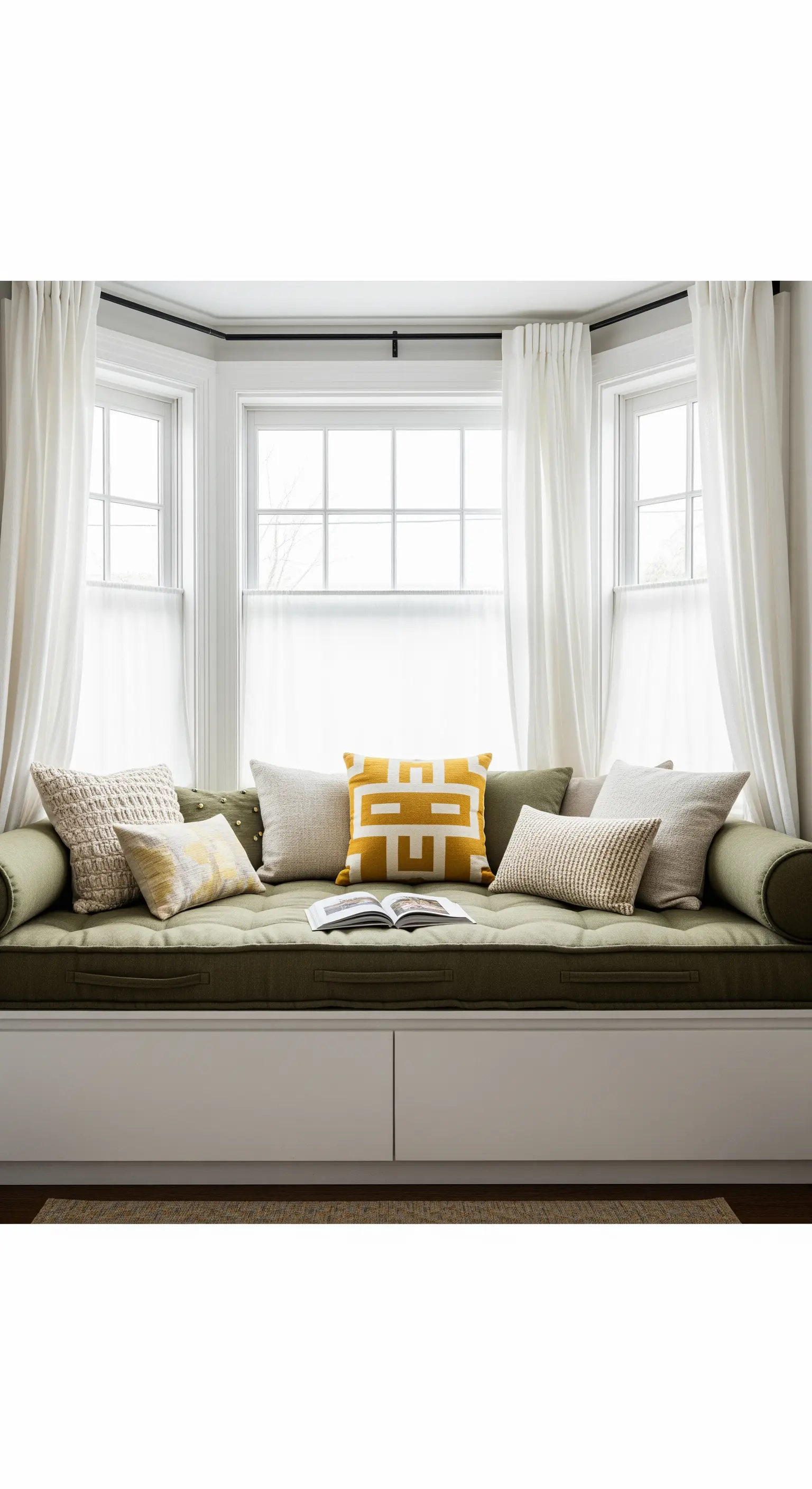 Panca sotto la finestra con cuscino verde oliva e un cuscino a motivi geometrici senape.