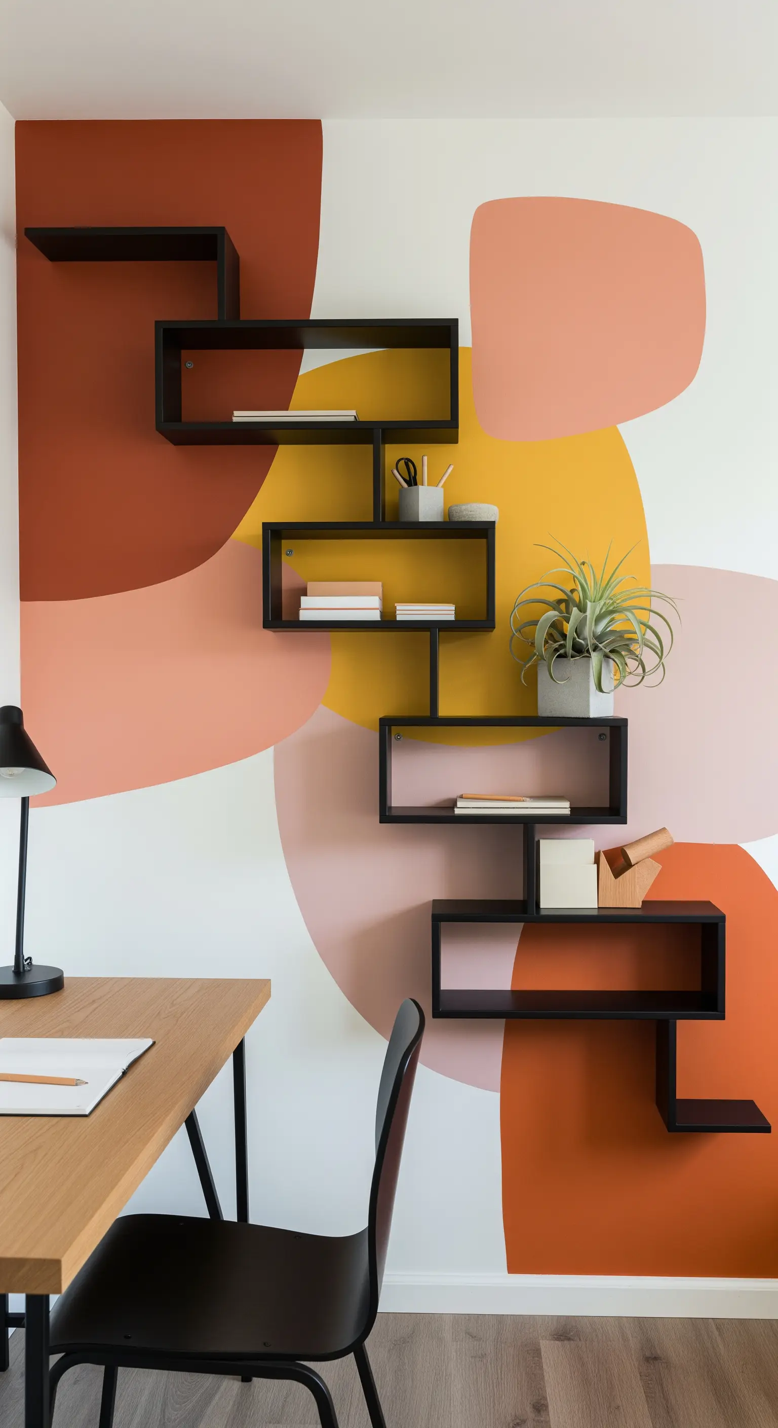 Scrivania con libreria nera modulare su una parete con murale astratto colorato.