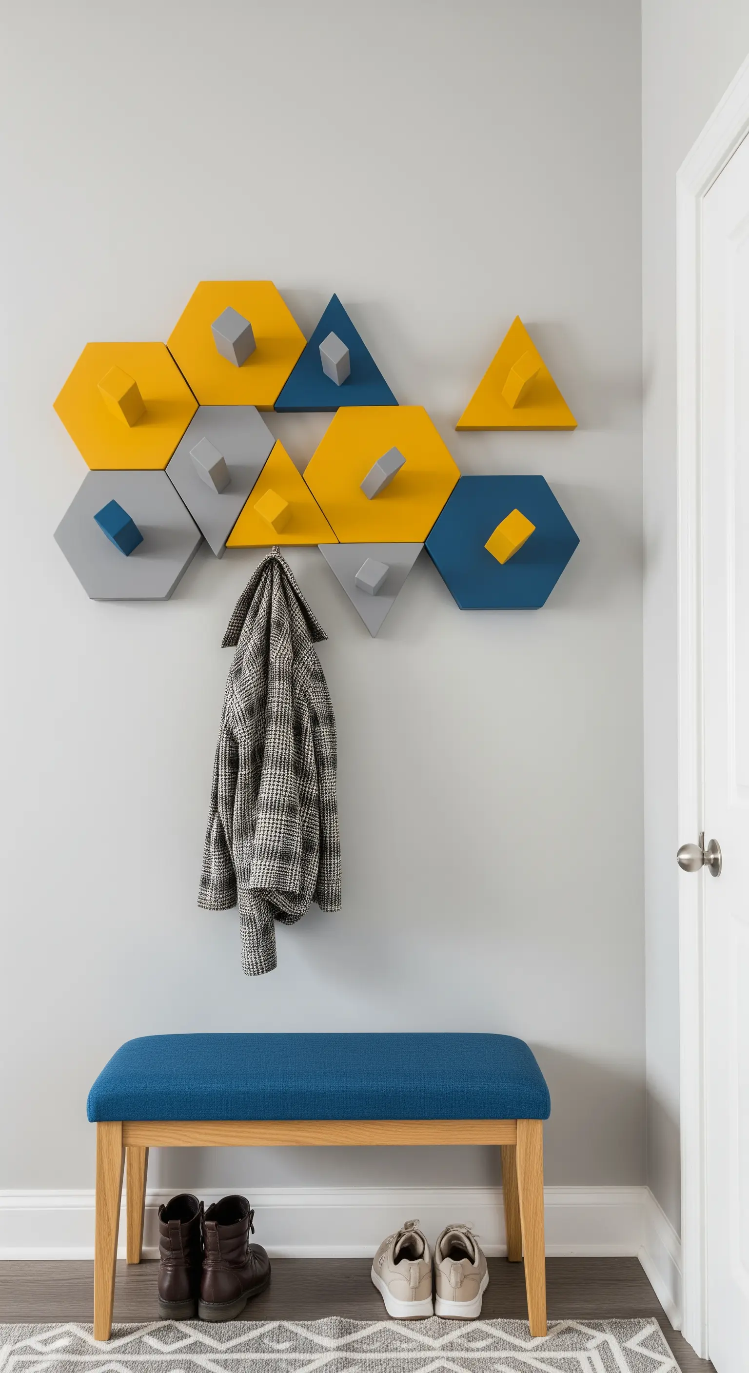 Composizione di appendiabiti geometrici esagonali e triangolari colorati.