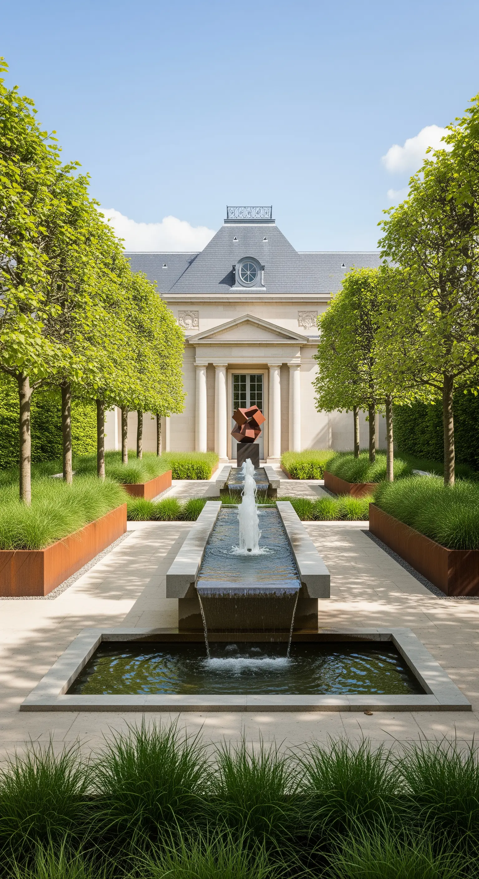 Giardino moderno con canale d'acqua rettilineo, fioriere in acciaio Corten e alberi.