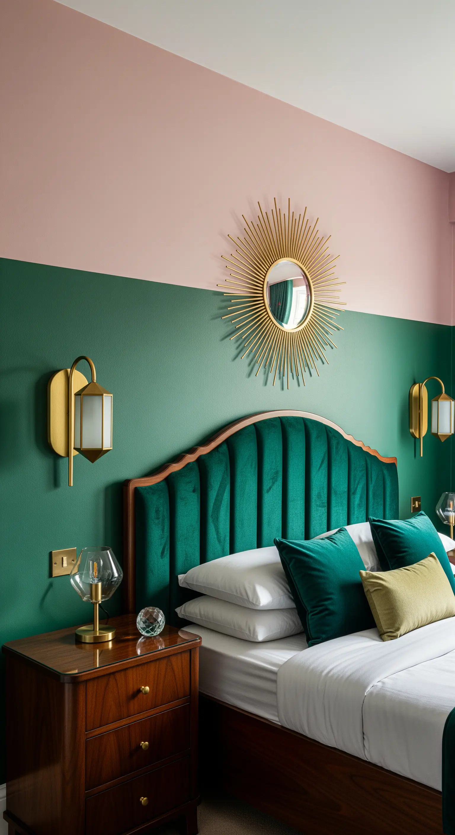Camera da letto glamour con parete divisa tra verde smeraldo e rosa cipria, e dettagli in ottone.