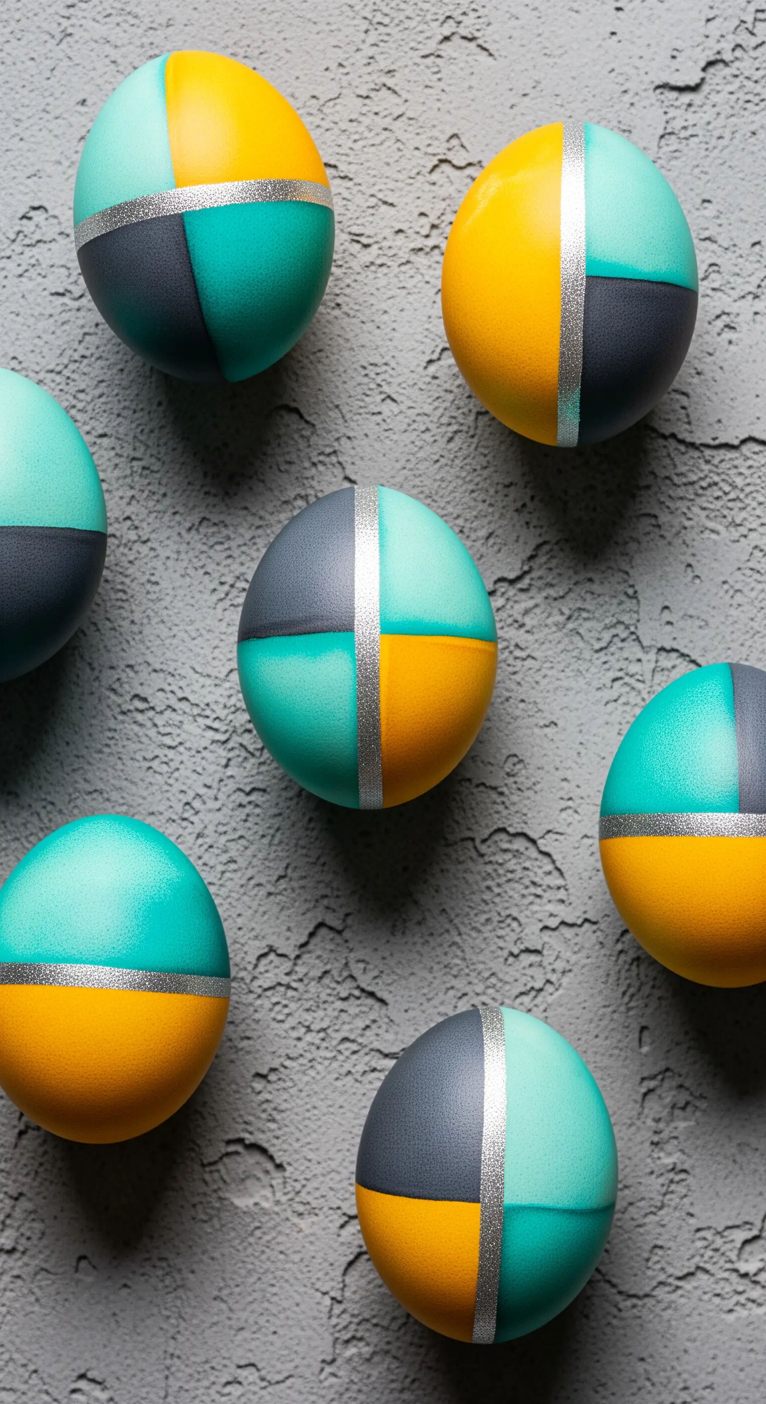 Uova di Pasqua con un design geometrico color-block in verde, giallo e grigio.