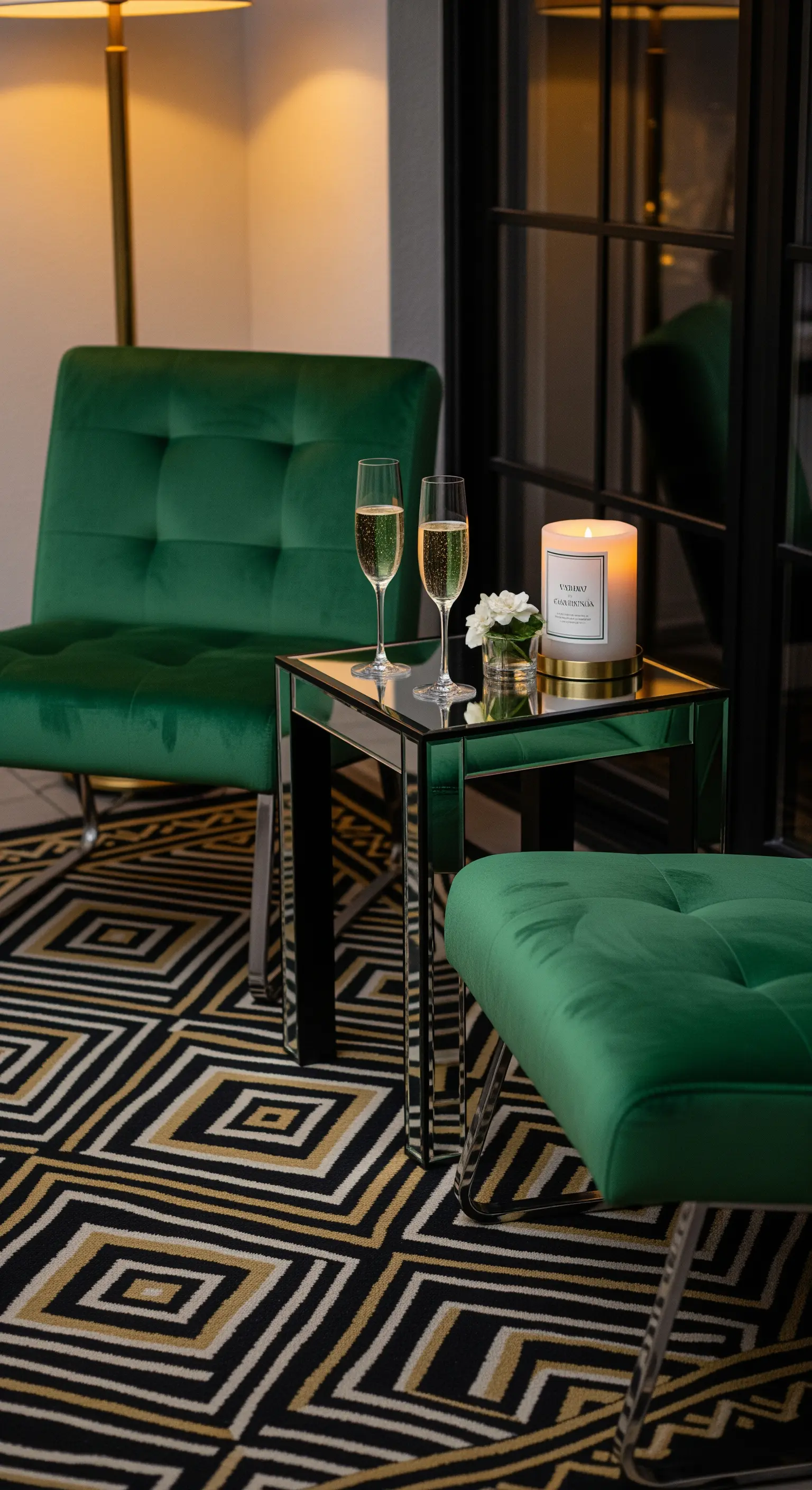 Angolo lounge con poltrona in velluto verde, tappeto geometrico e tavolino a specchio.