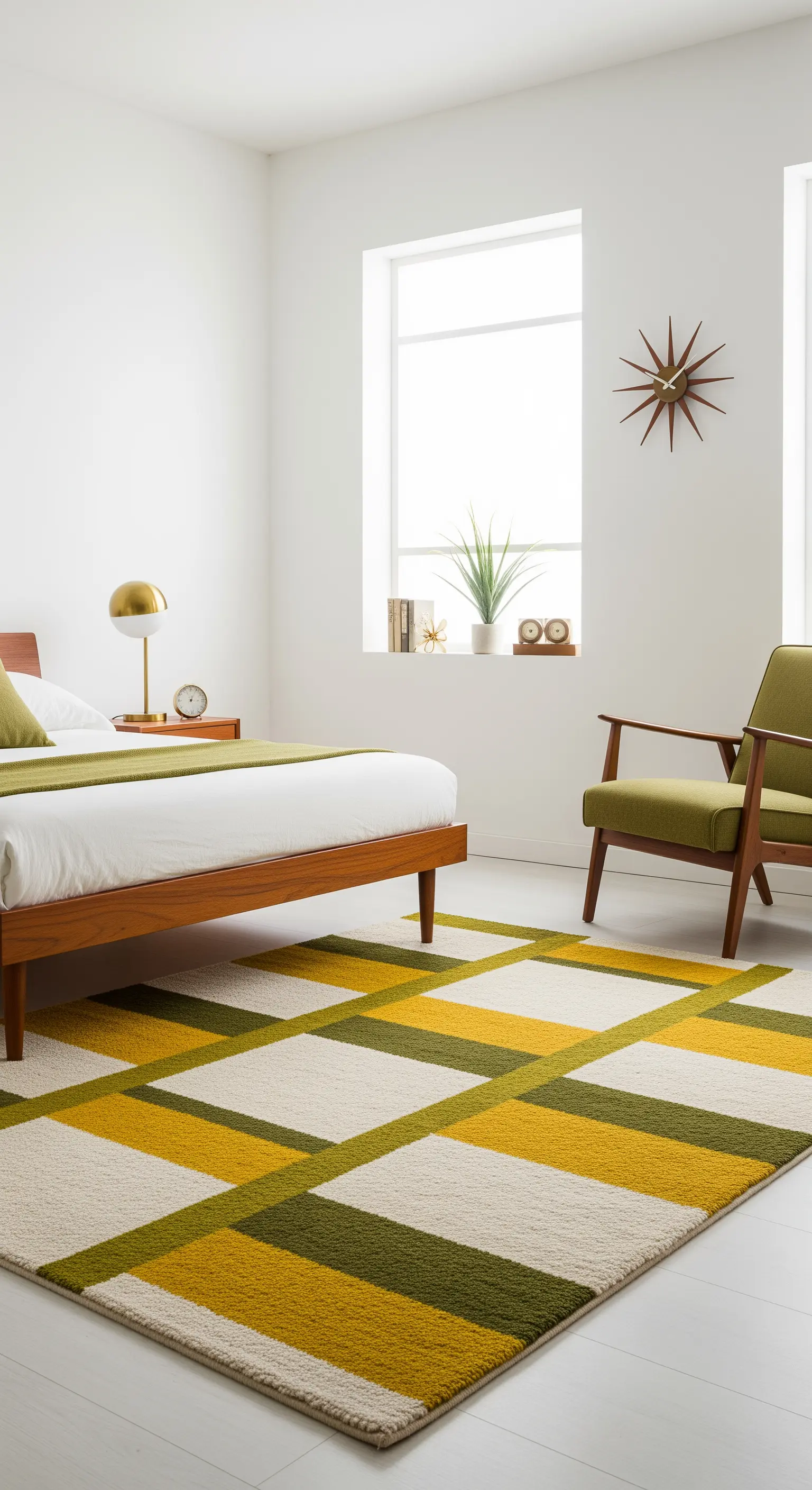 Camera da letto Mid-Century con tappeto a motivi geometrici senape e verde oliva.
