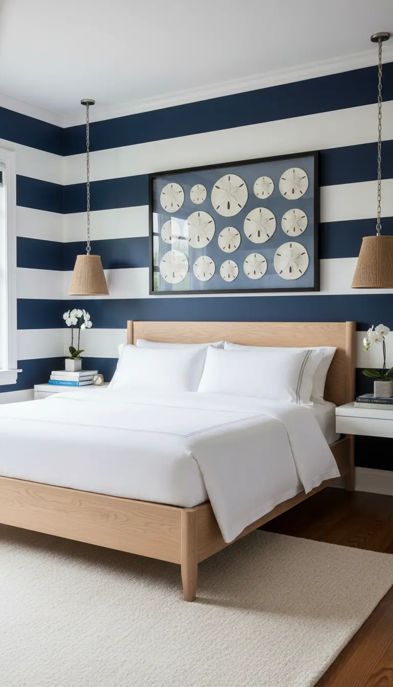 Camera da letto con pareti a righe orizzontali blu e bianche e un quadro con dollari della sabbia.