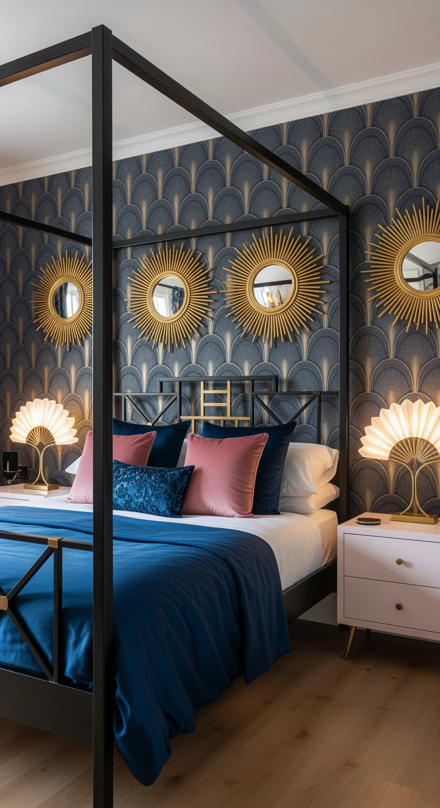 Letto a baldacchino nero in camera da letto Art Déco con carta da parati a ventaglio e specchi dorati.