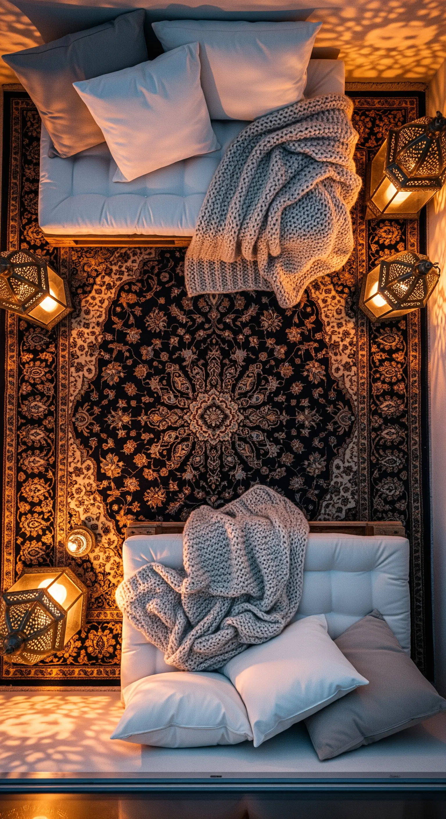 Vista dall'alto di un angolo relax con divani bianchi, tappeto scuro e lanterne marocchine.