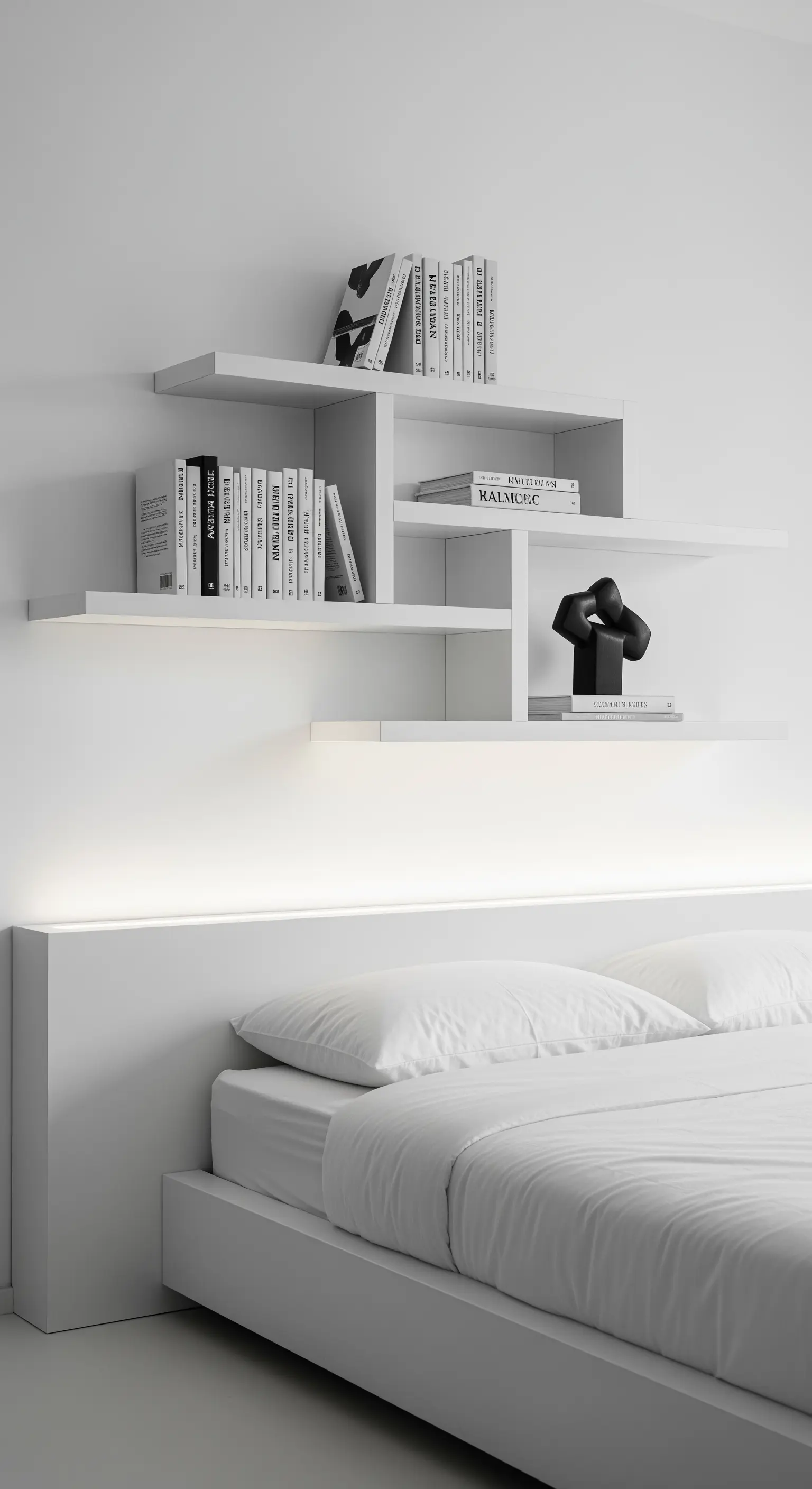 Mensole bianche asimmetriche con illuminazione a LED sopra un letto bianco minimal.