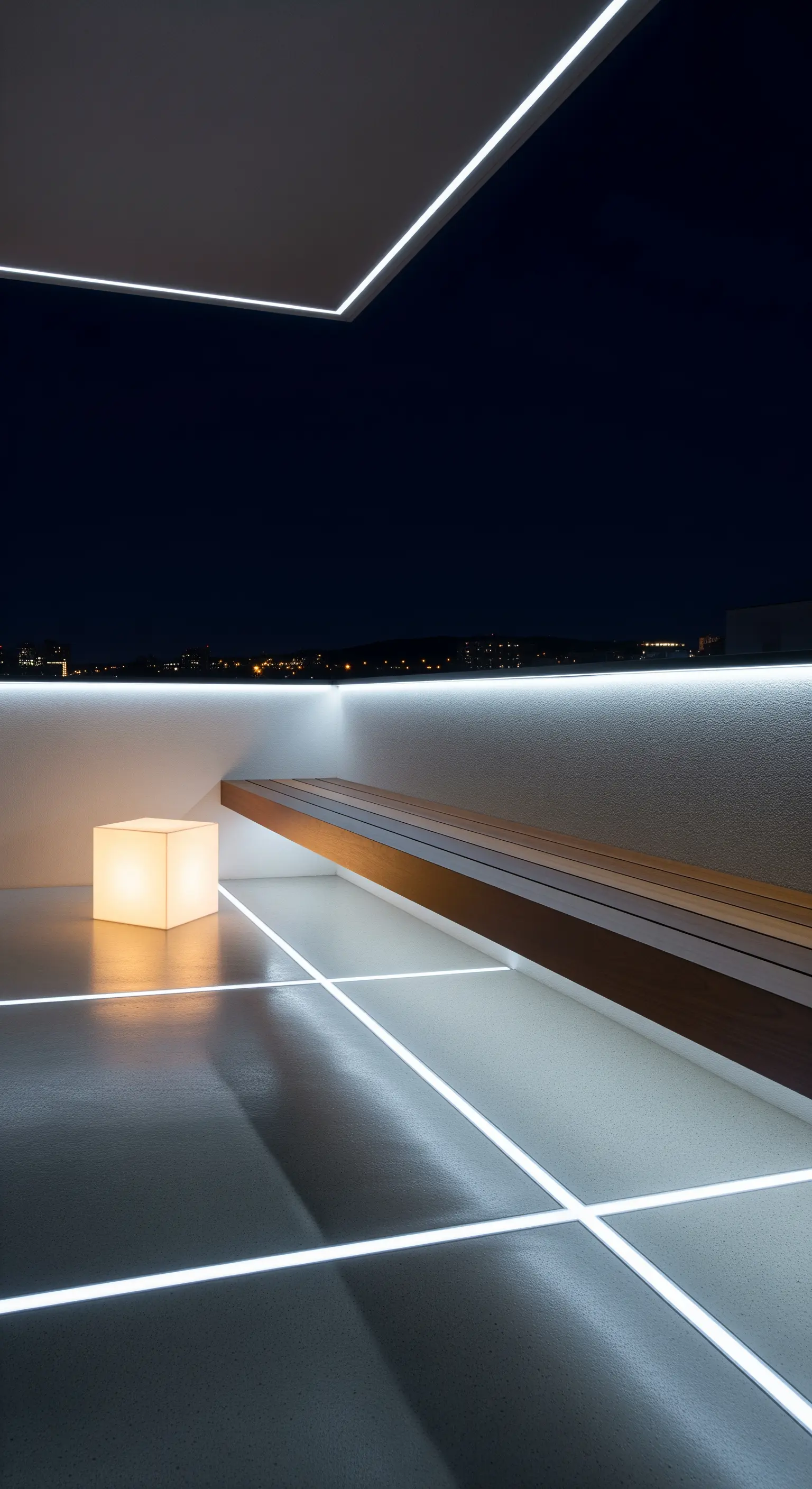 Balcone moderno con linee di luce LED incassate nel pavimento e nel soffitto e un cubo luminoso