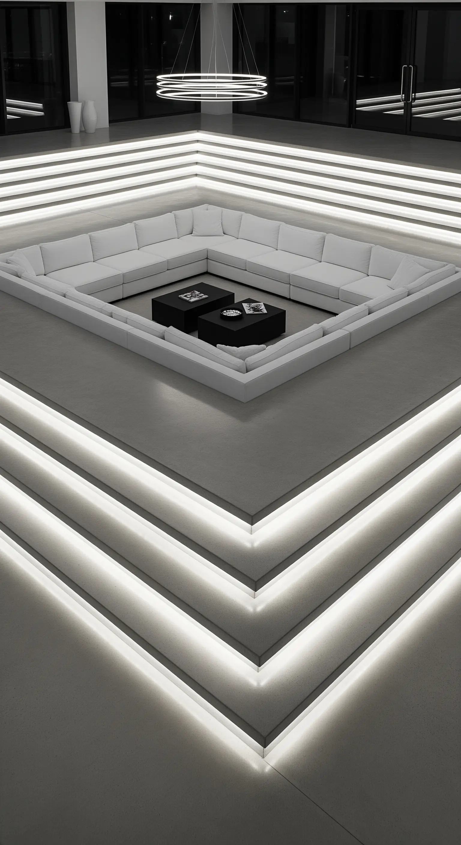 Salotto ribassato con divano bianco, circondato da gradini con strisce LED integrate.