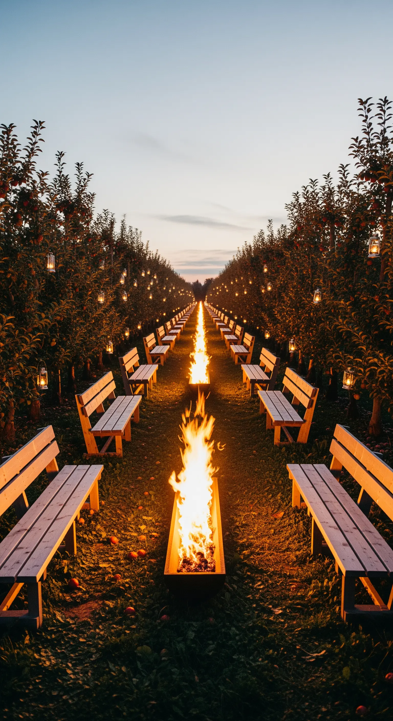Lungo braciere lineare tra i filari di un frutteto, con panche e lanterne appese agli alberi.