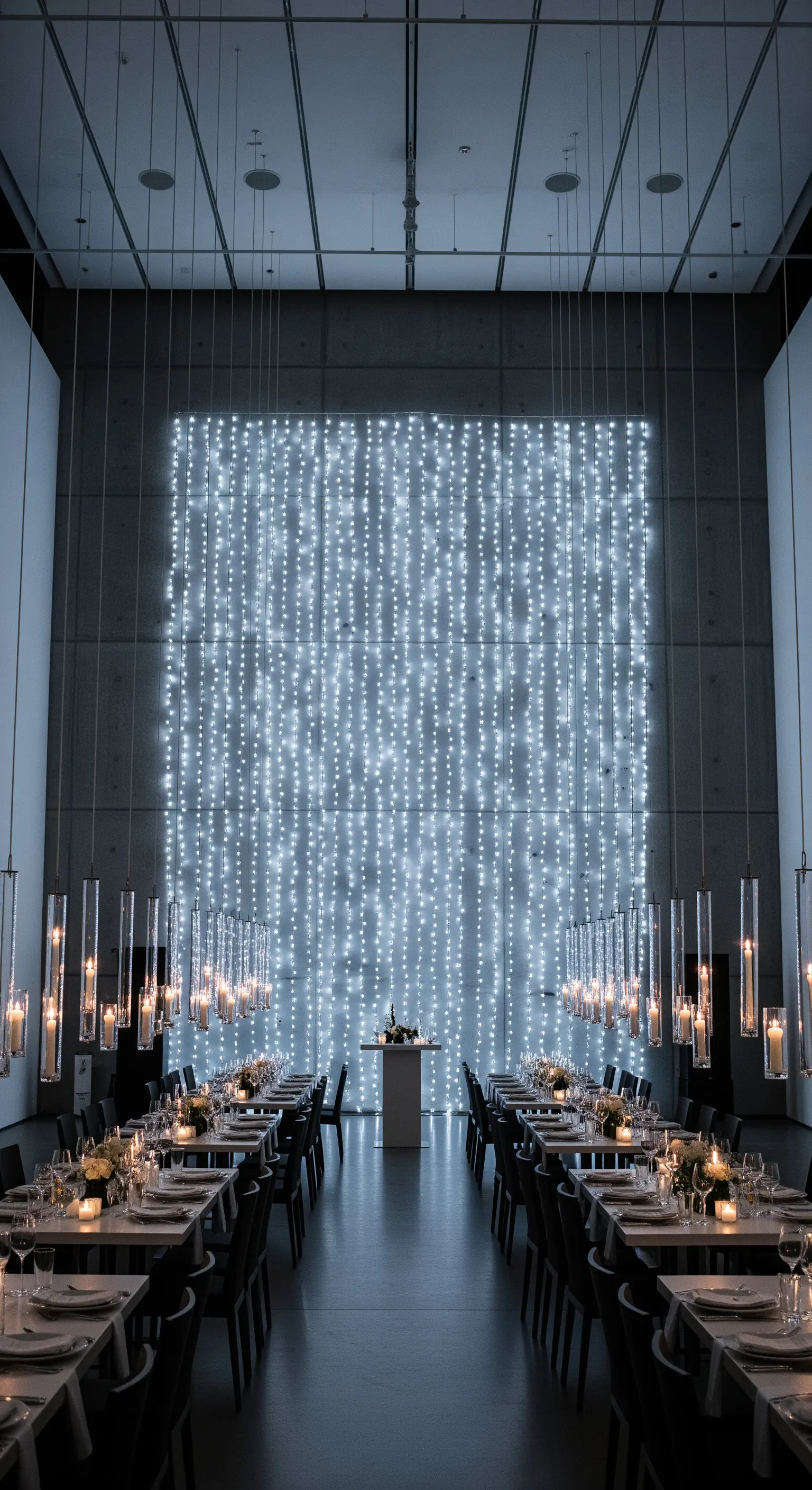 Sala moderna con parete in cemento e una grande installazione quadrata di luci bianche a cascata.