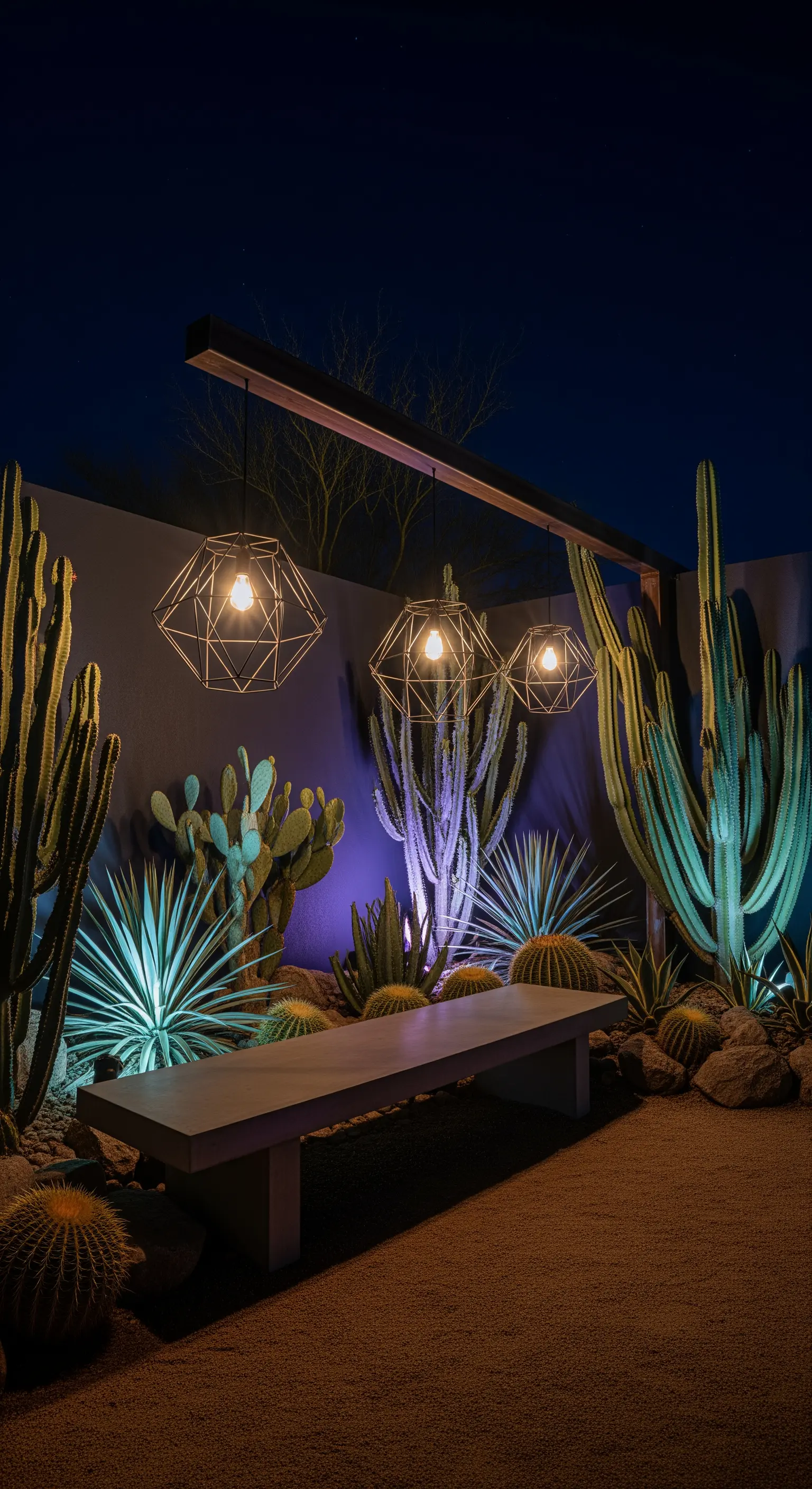 Panca in cemento in un giardino di cactus, con lampade a gabbia geometriche sospese.