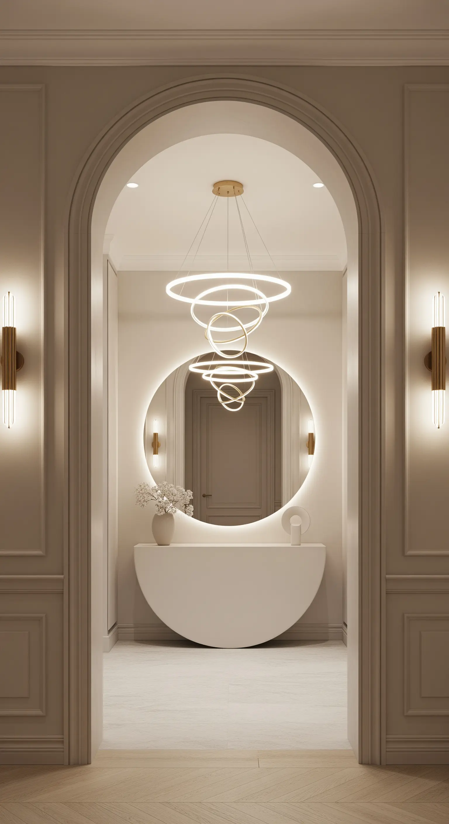 Ingresso ad arco con consolle a semicerchio, specchio retroilluminato e lampadario a cerchi.