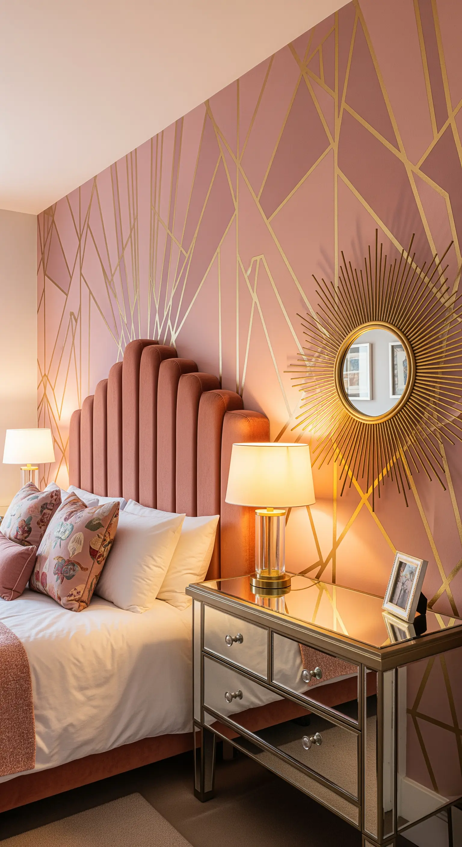 Parete rosa con linee dorate, testiera in velluto e comodino a specchio.