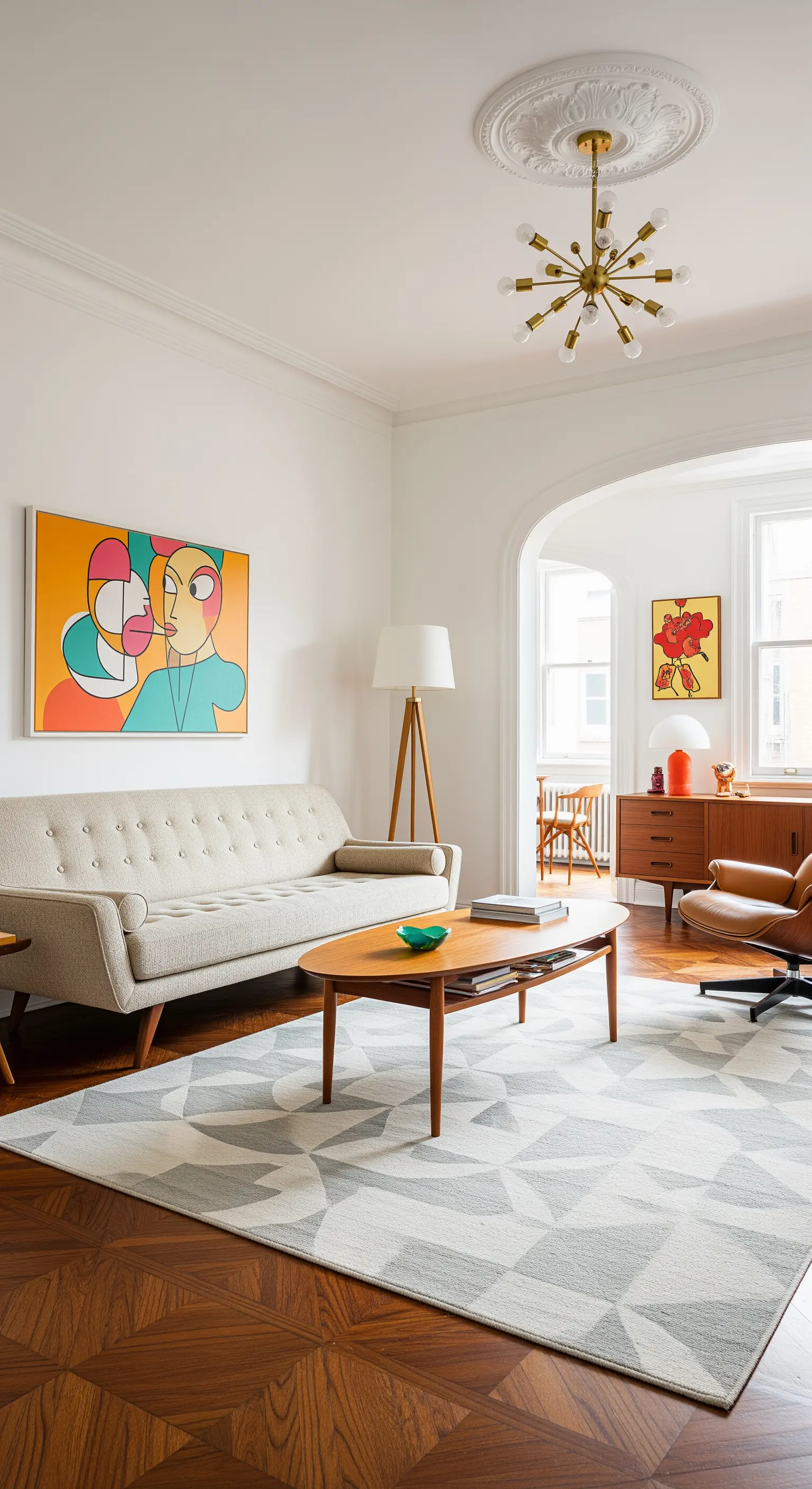 Soggiorno Mid-Century con parquet scuro, tappeto geometrico e un quadro colorato