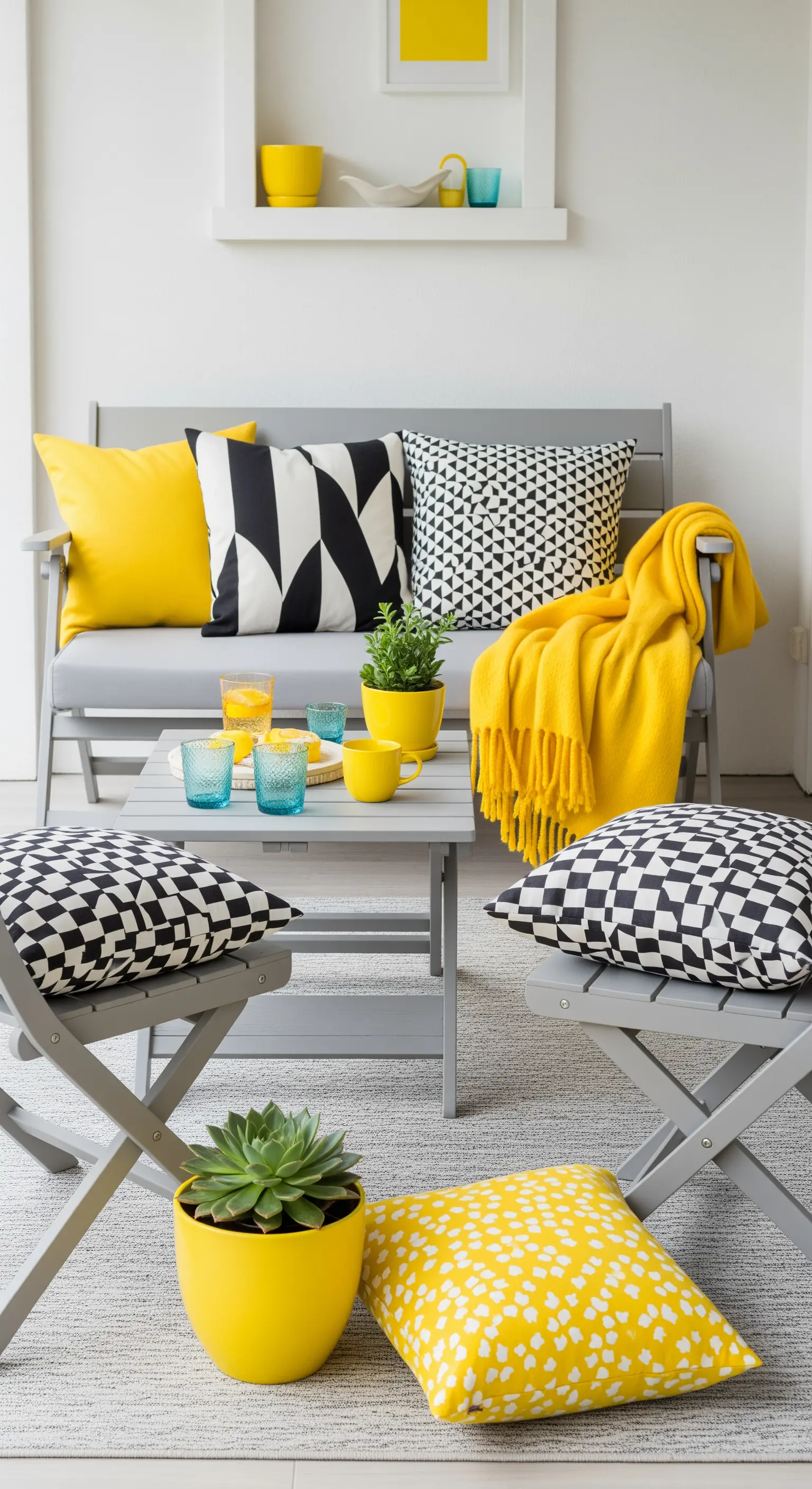Balcone con arredi grigi, ravvivato da cuscini e plaid gialli con motivi geometrici.