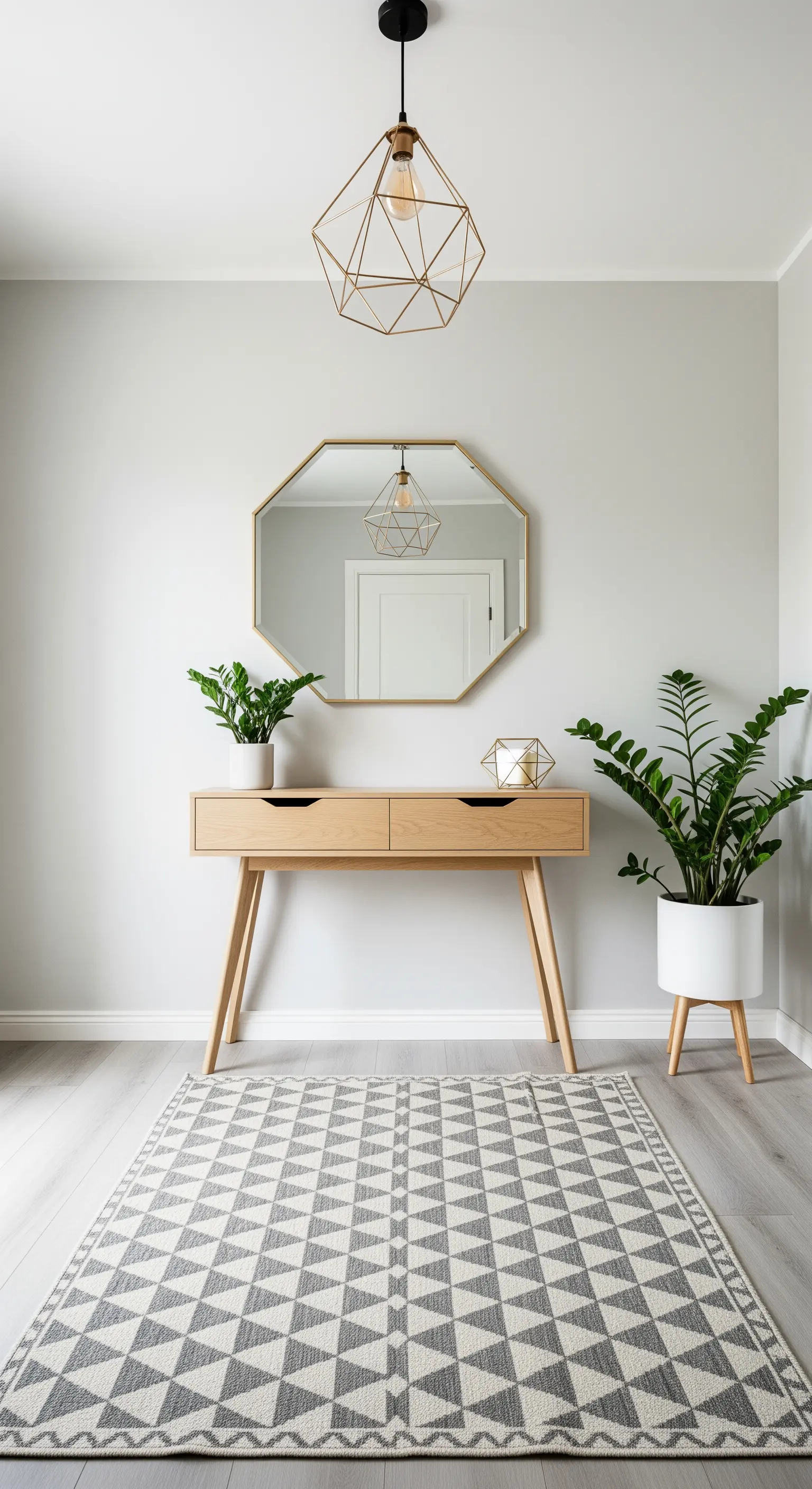 Ingresso moderno con consolle in legno, specchio ottagonale dorato e tappeto geometrico.