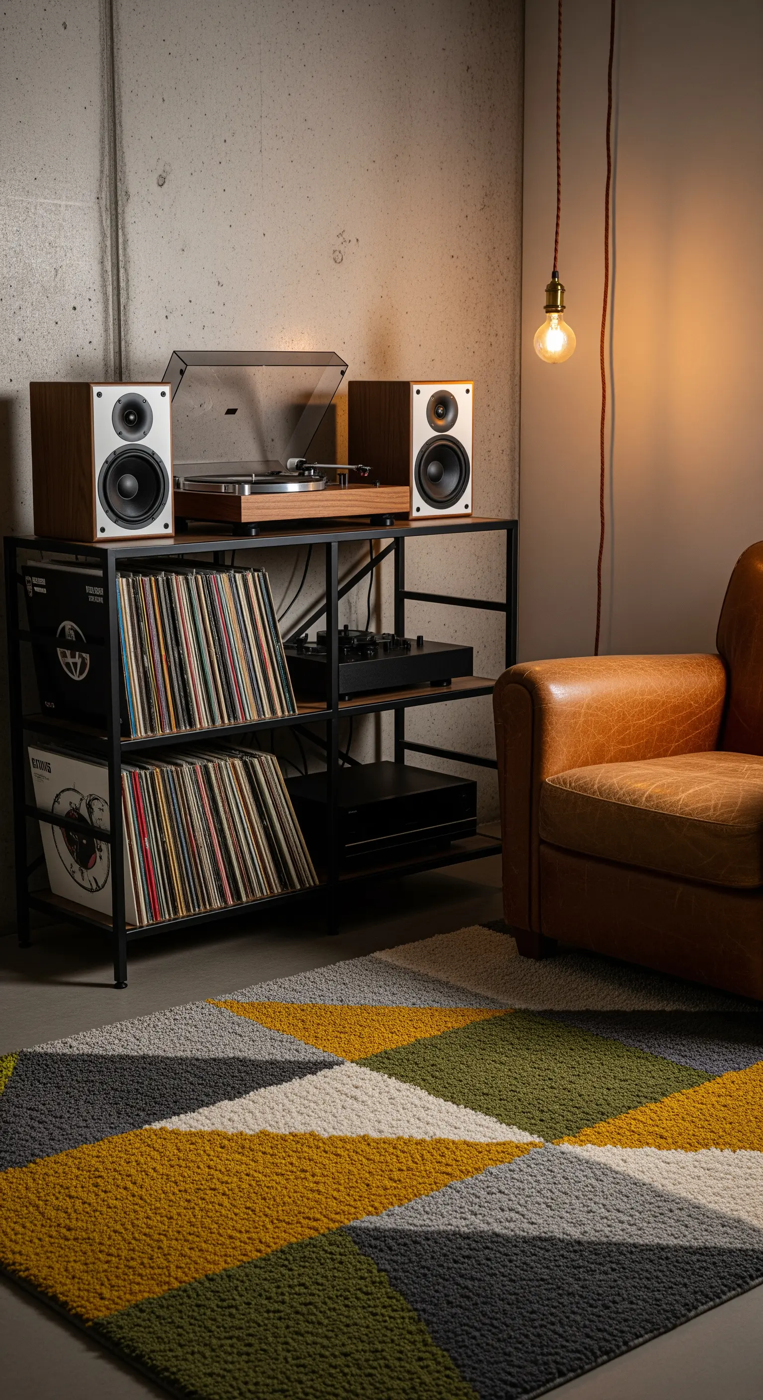 Angolo musica con giradischi, poltrona in pelle e tappeto geometrico senape e verde.