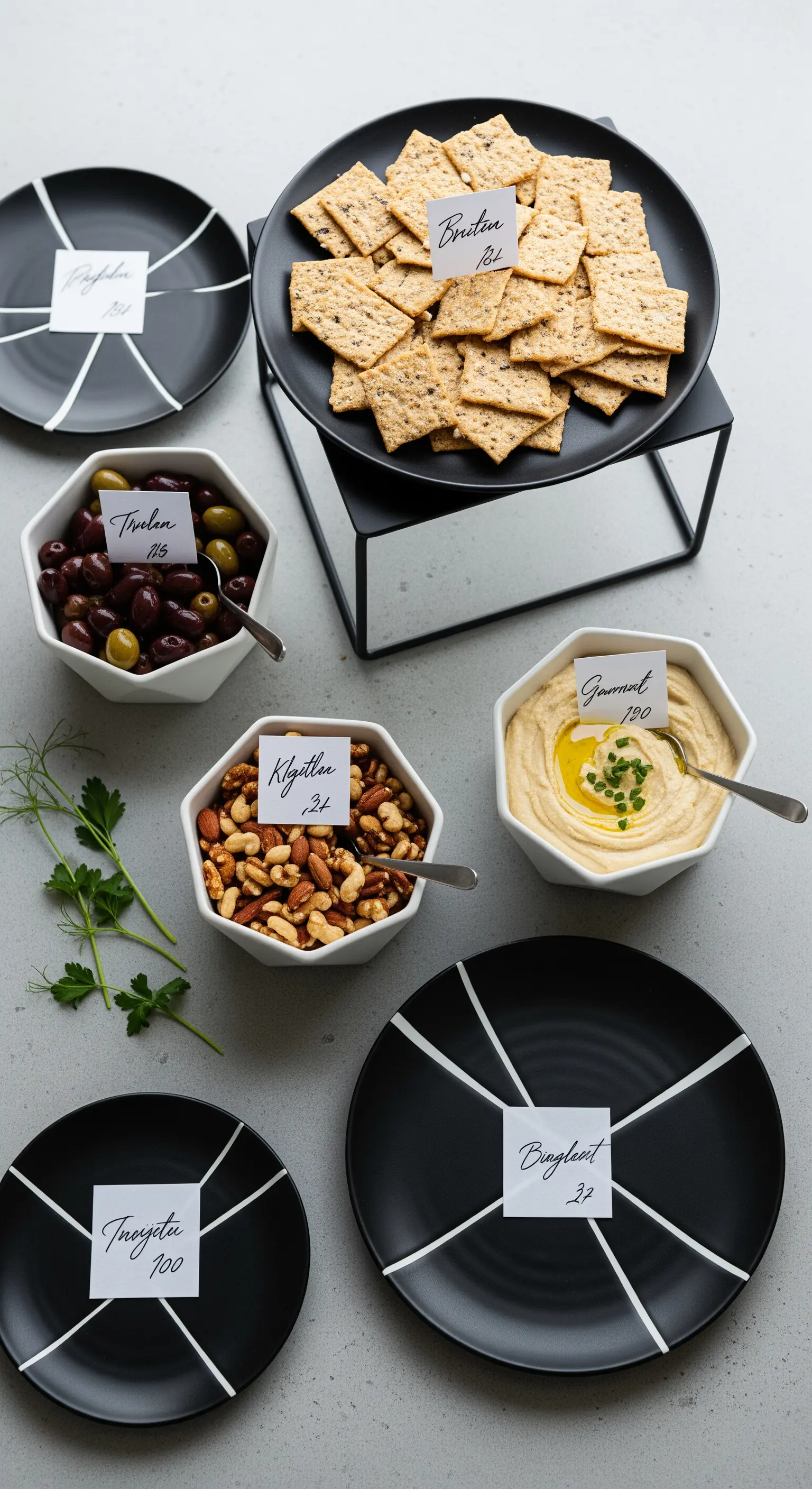 Buffet minimalista in bianco e nero con cracker, olive e hummus in ciotole geometriche.