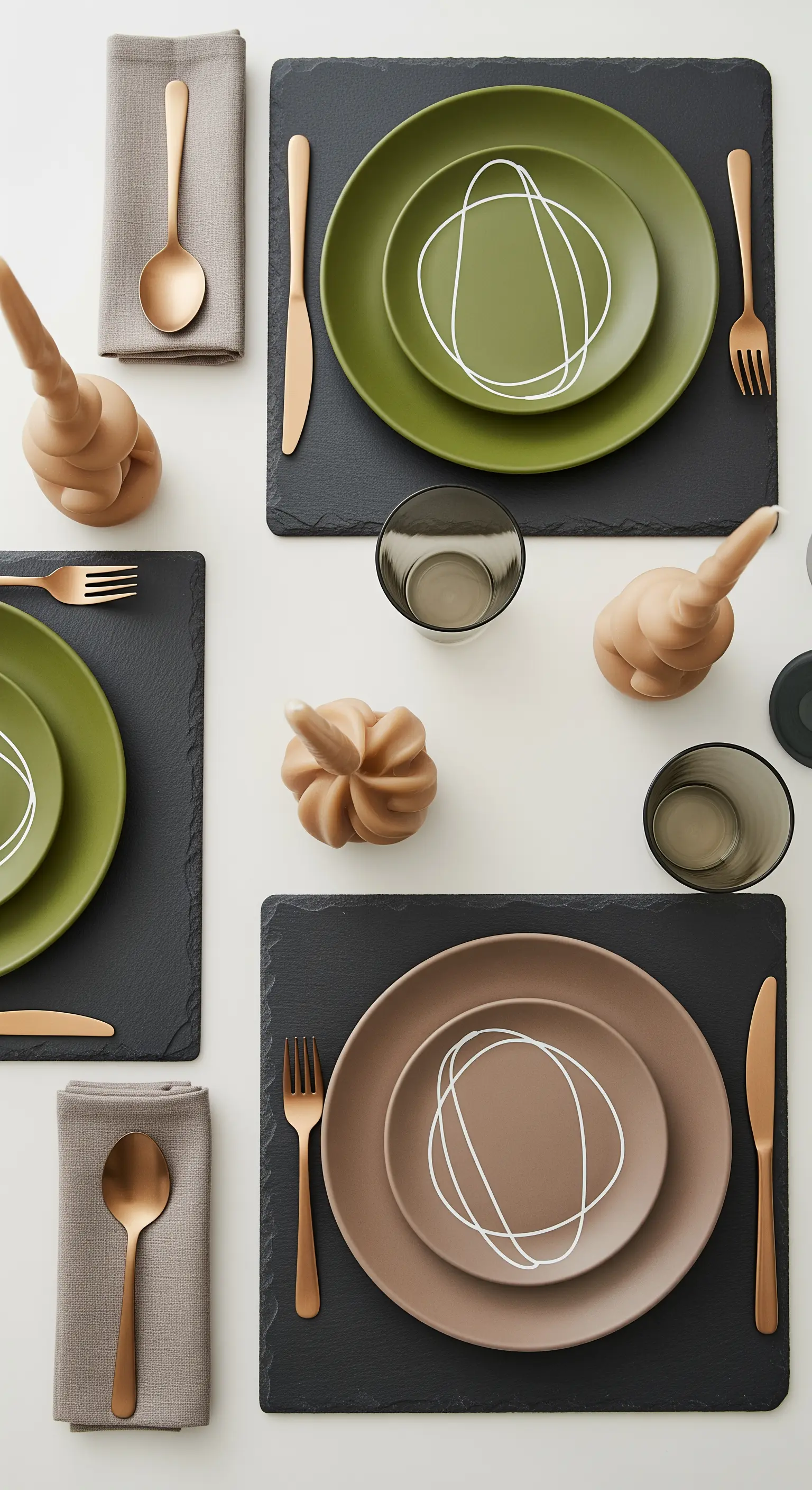 Composizione geometrica con piatti verdi e taupe su tovagliette in ardesia e posate ramate.