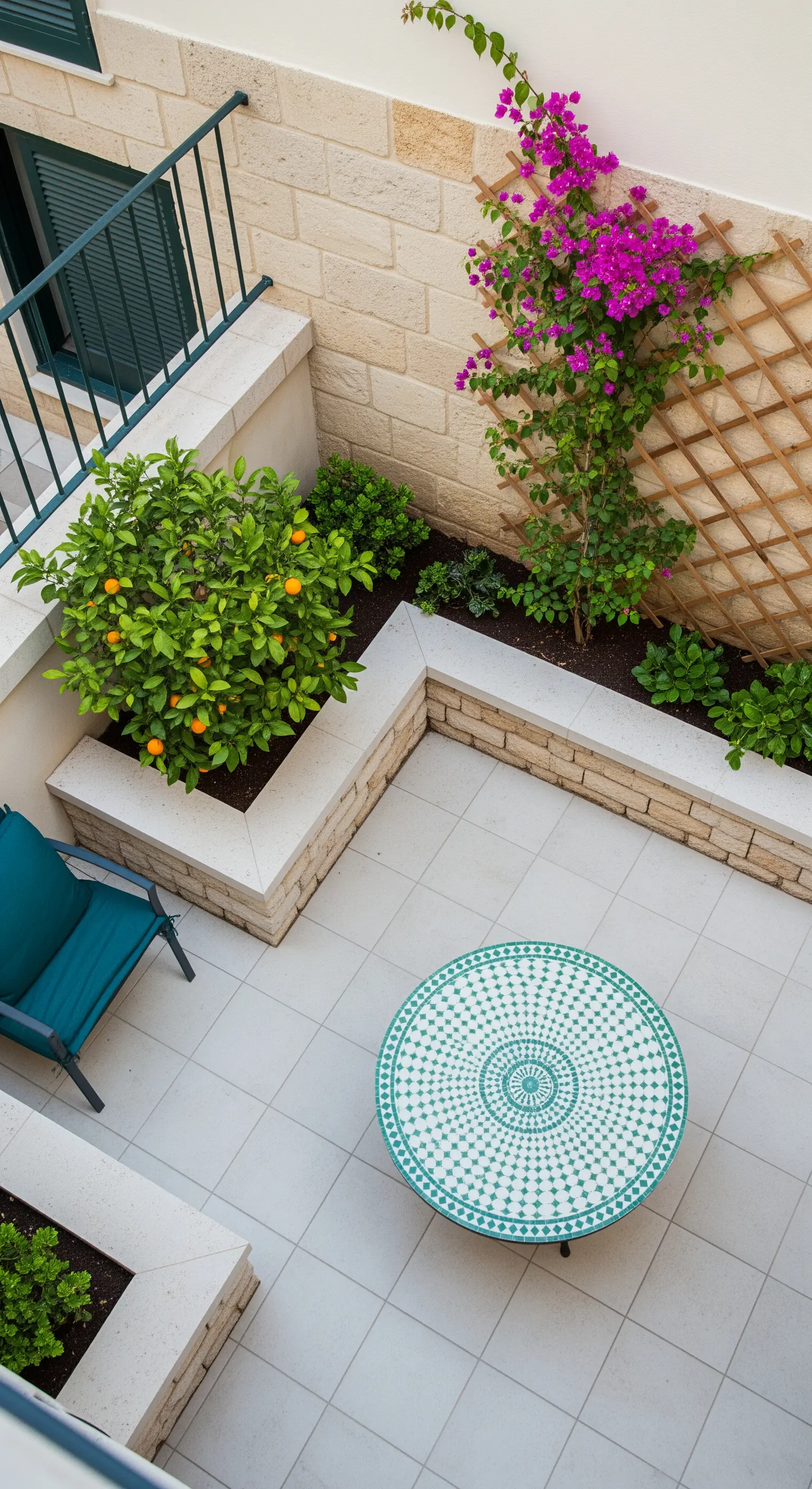 Cortile moderno con aiuole in muratura, tavolo a mosaico turchese e bouganville.