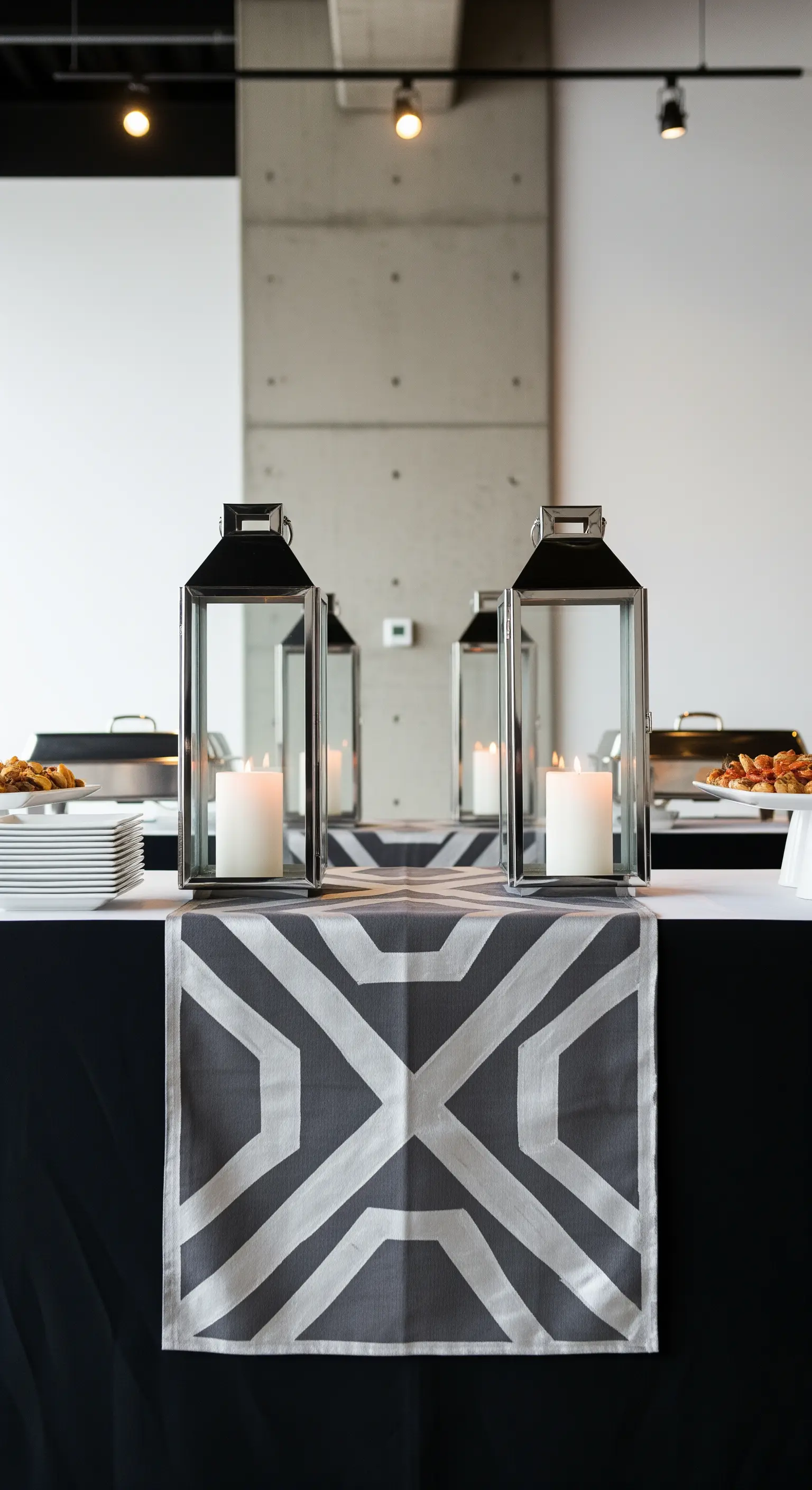 Runner con motivo geometrico bianco e nero, abbinato a lanterne moderne in metallo.