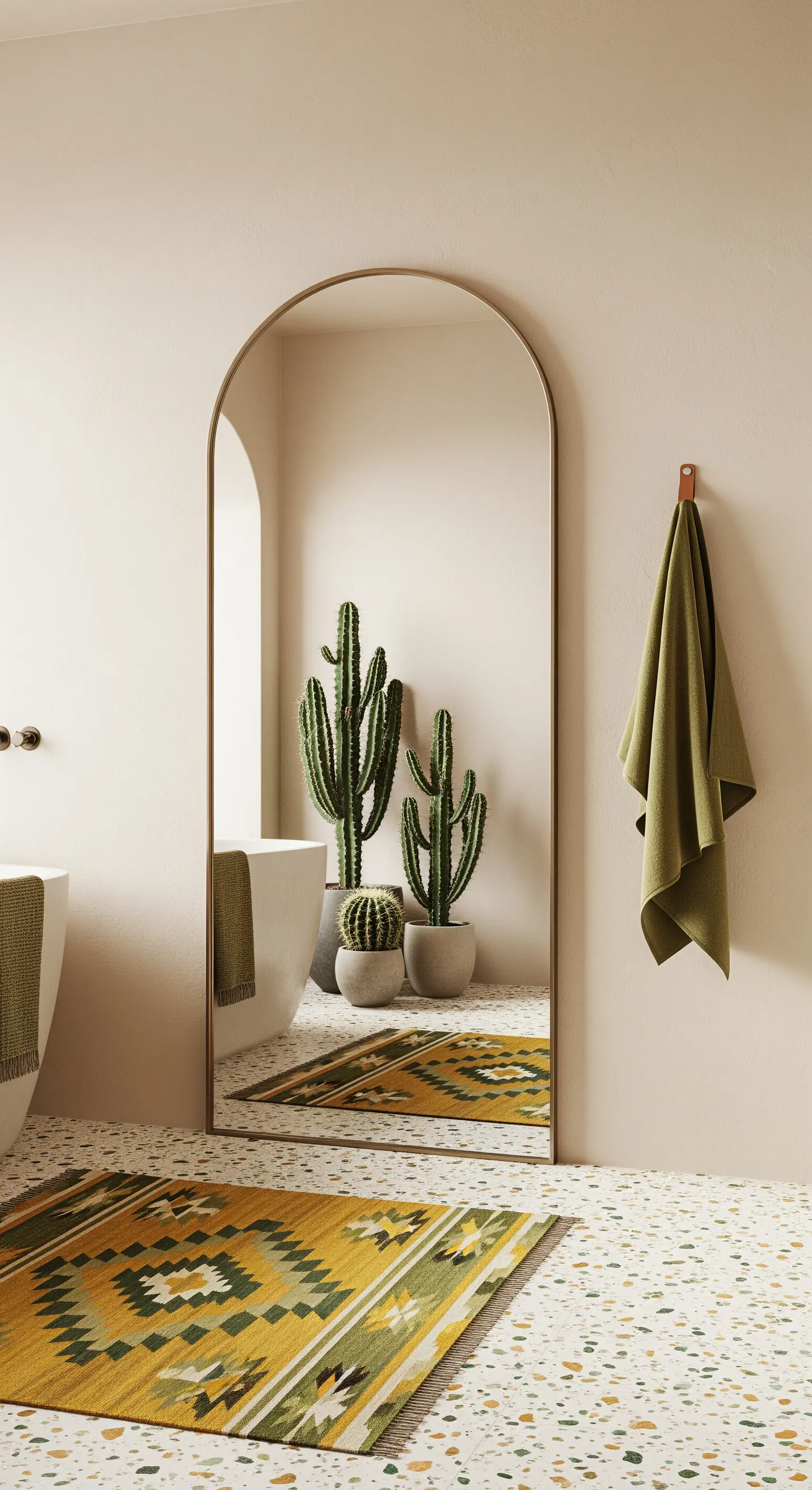 Bagno con pavimento in terrazzo e un tappeto kilim a motivi geometrici senape e verdi.