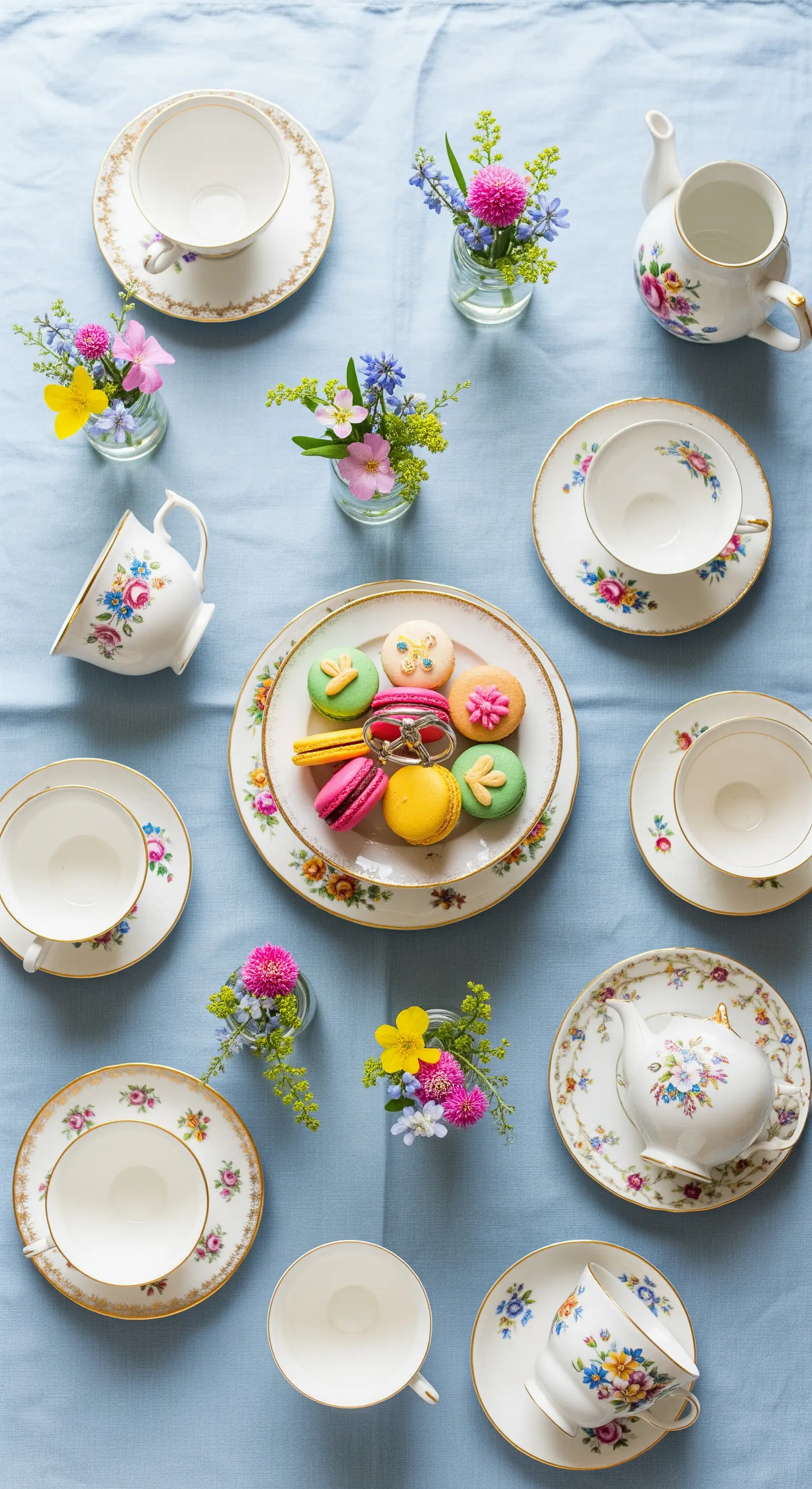 Flat lay di un servizio da tè vintage e macarons colorati su una tovaglia azzurra.