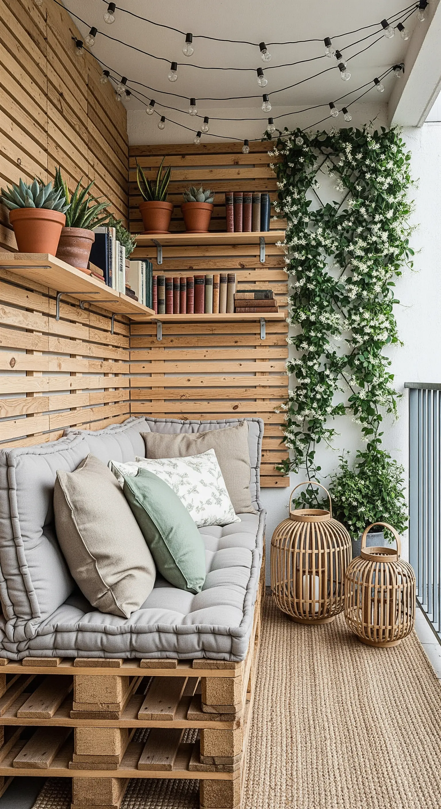 Divano in pallet con cuscini grigi, parete in listelli di legno e piante rampicanti.