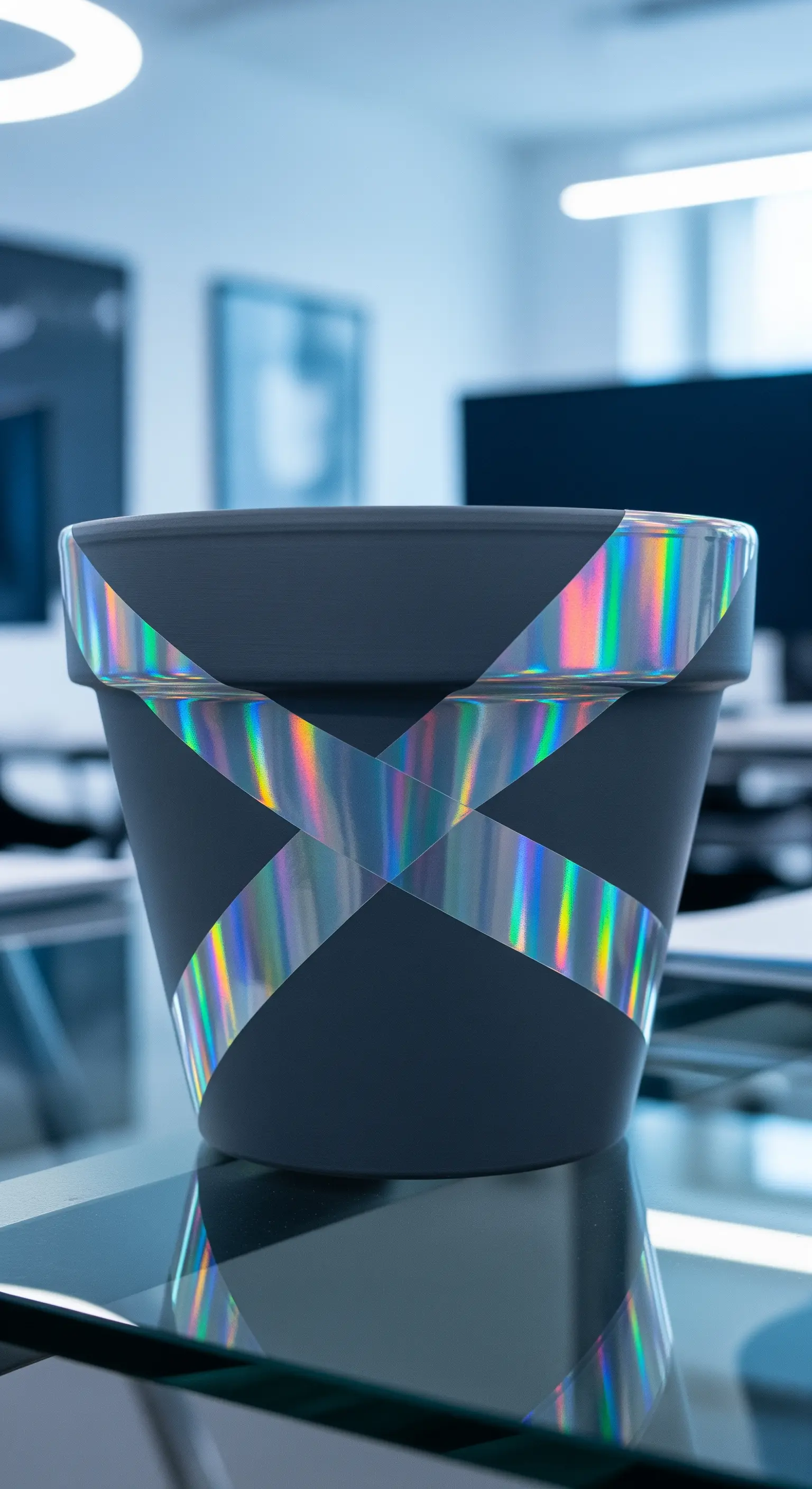 Vaso grigio scuro opaco decorato con strisce di nastro adesivo olografico incrociate.