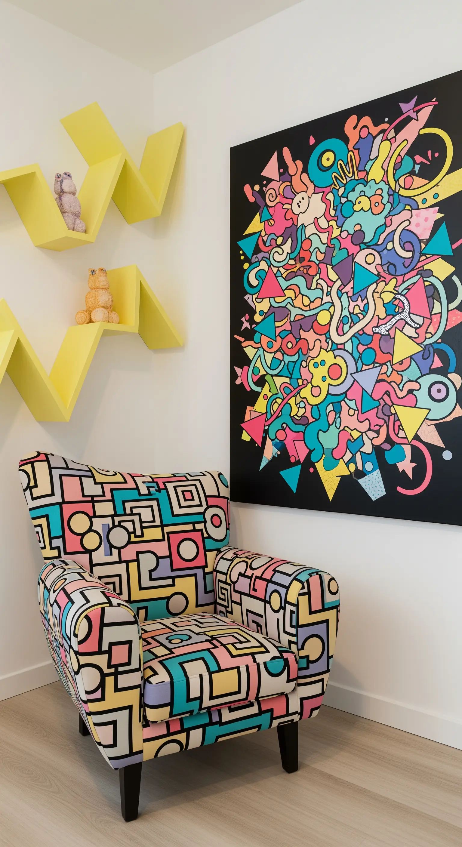 Mensole gialle a zig-zag, poltrona con pattern geometrico e quadro astratto stile graffiti.