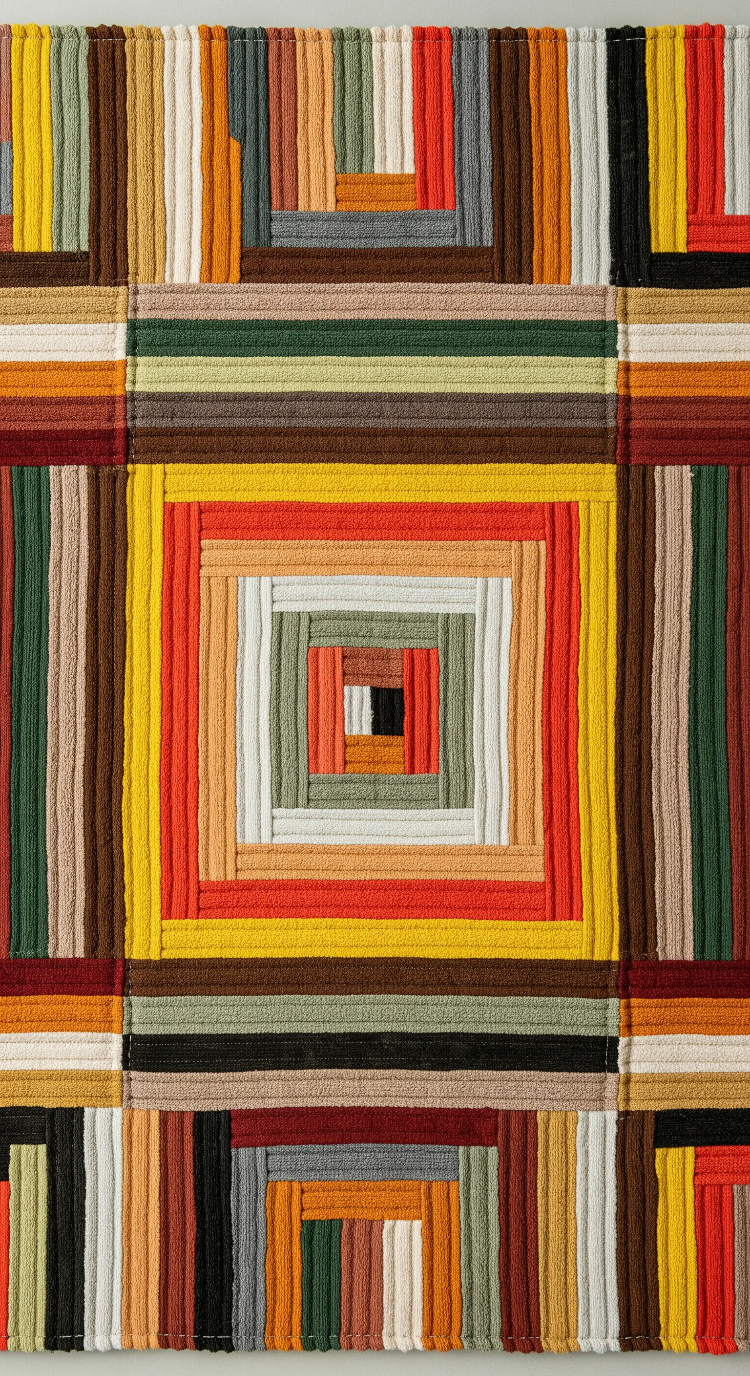 Dettaglio di un tappeto patchwork con motivo geometrico a