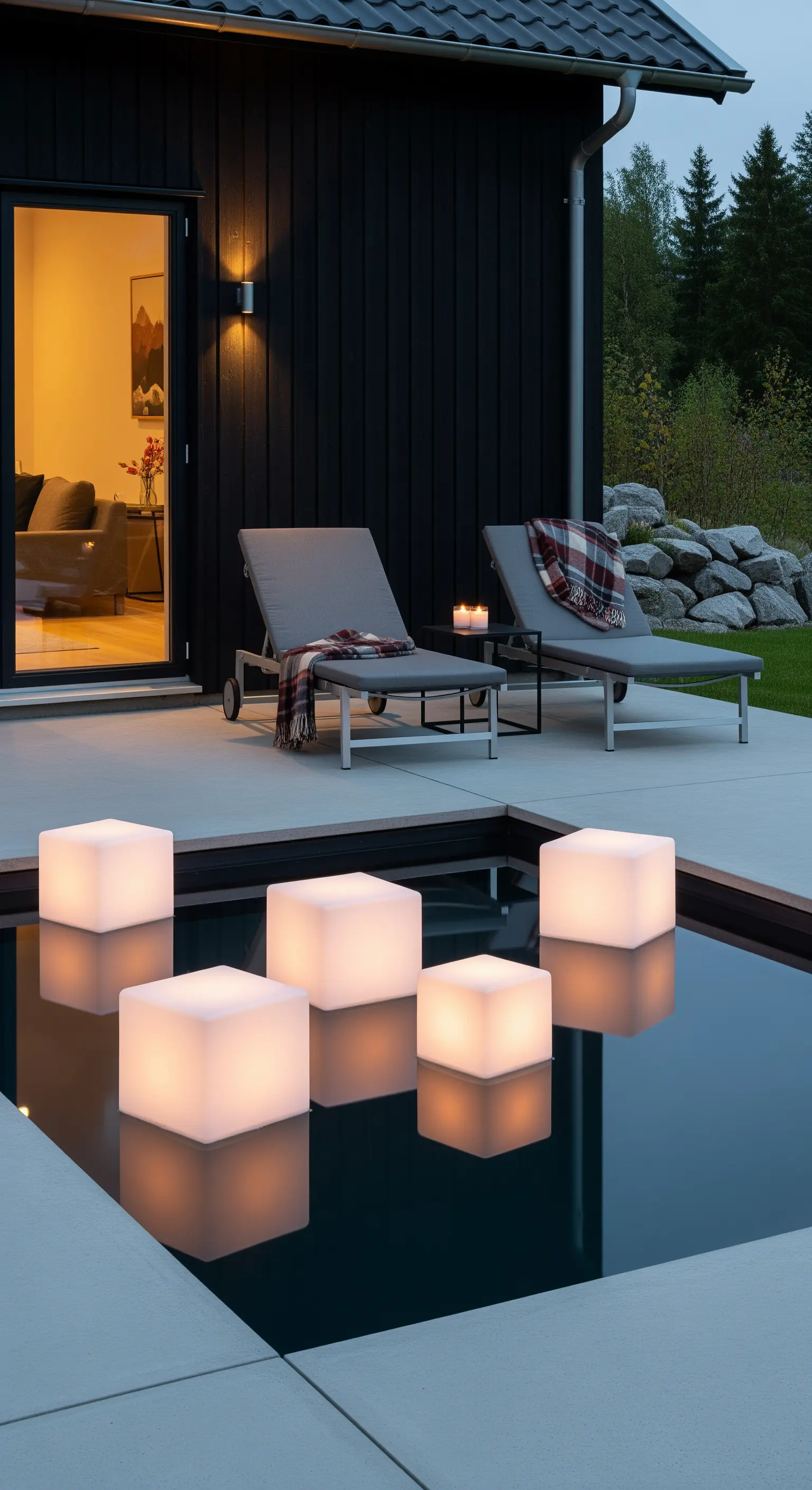 Cubi luminosi a LED che galleggiano sulla superficie scura di una piscina a sfioro.