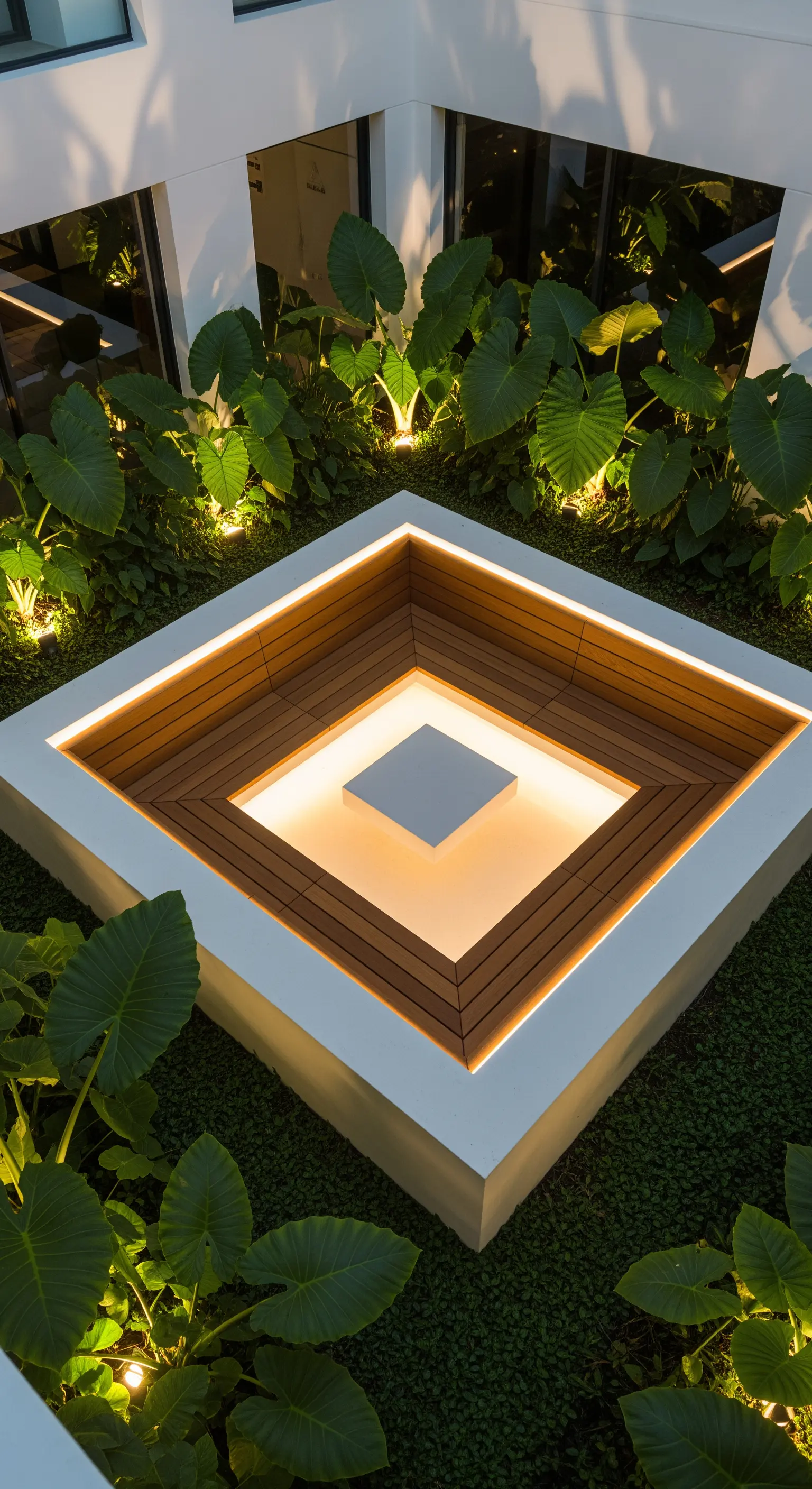 Seduta quadrata in cemento e legno con illuminazione a LED integrata sotto il bordo.