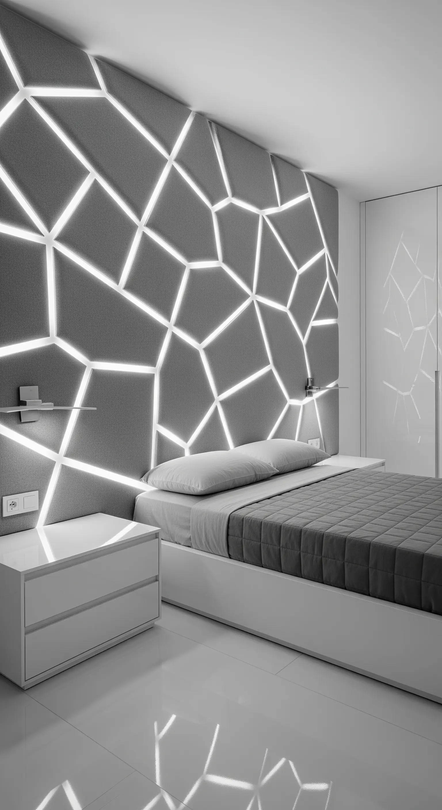 Testiera geometrica imbottita con illuminazione a LED integrata.