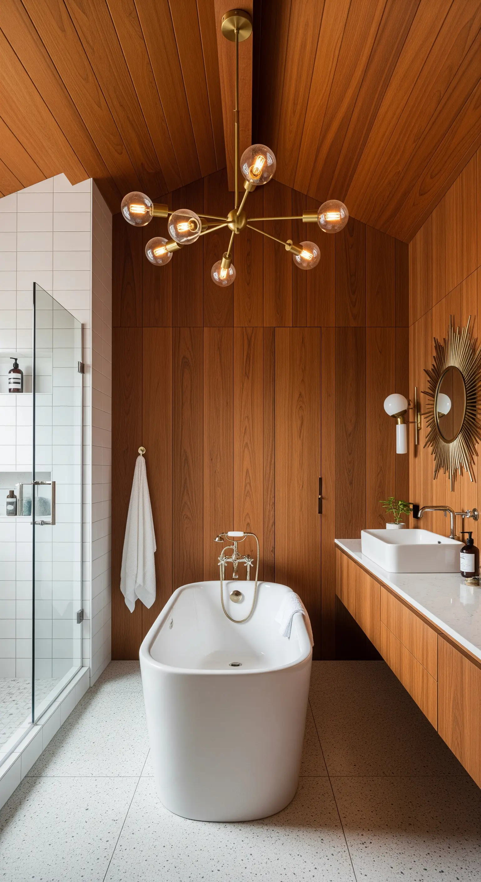 Bagno Mid-Century con boiserie in legno, lampadario a bracci in ottone e vasca bianca.