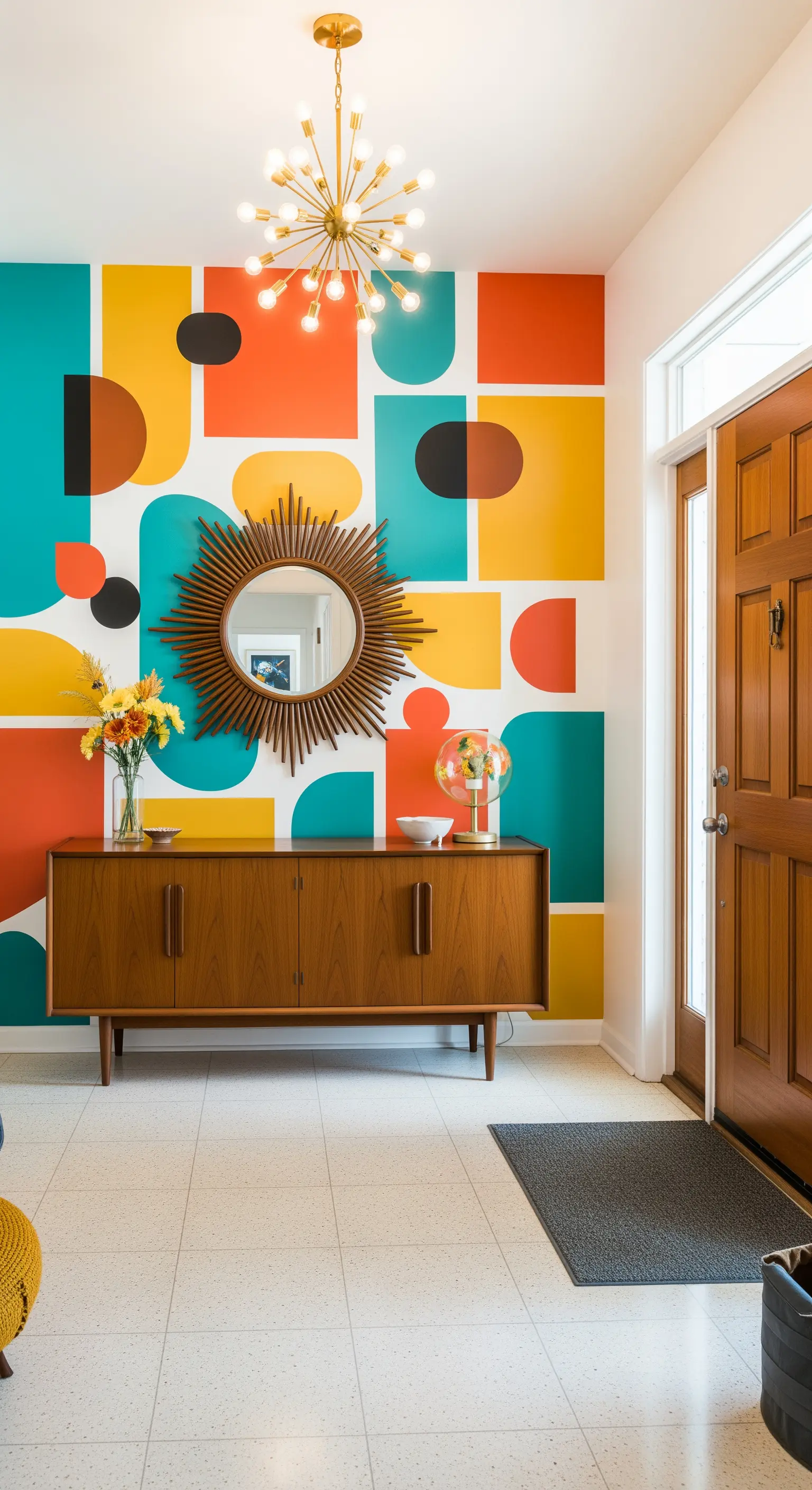 Ingresso Mid-Century con murale geometrico colorato e specchio a raggiera sopra una credenza in legno.