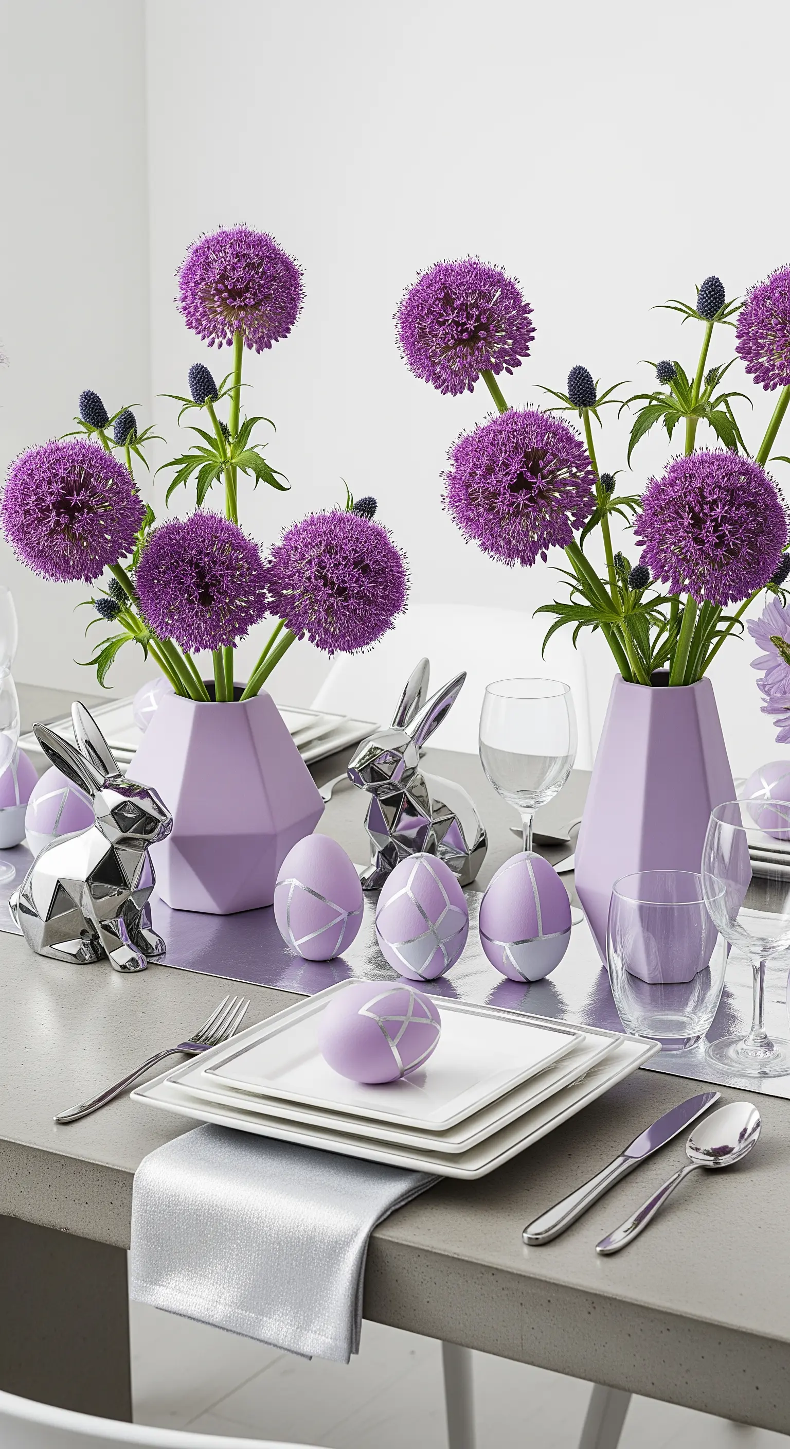 Tavola pasquale moderna con vasi geometrici lavanda, coniglietti argento e fiori di allium