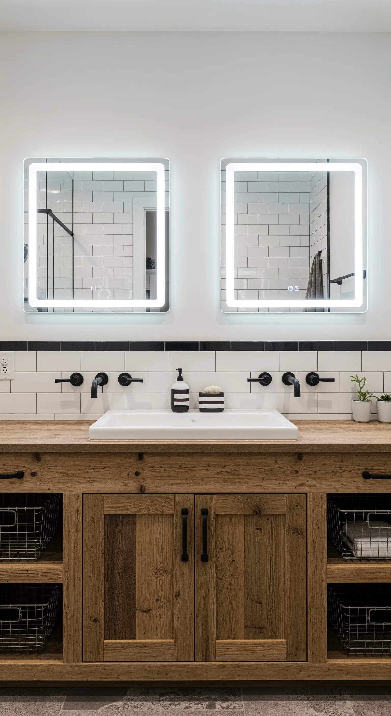 Due specchi quadrati retroilluminati sopra un mobile rustico in legno.