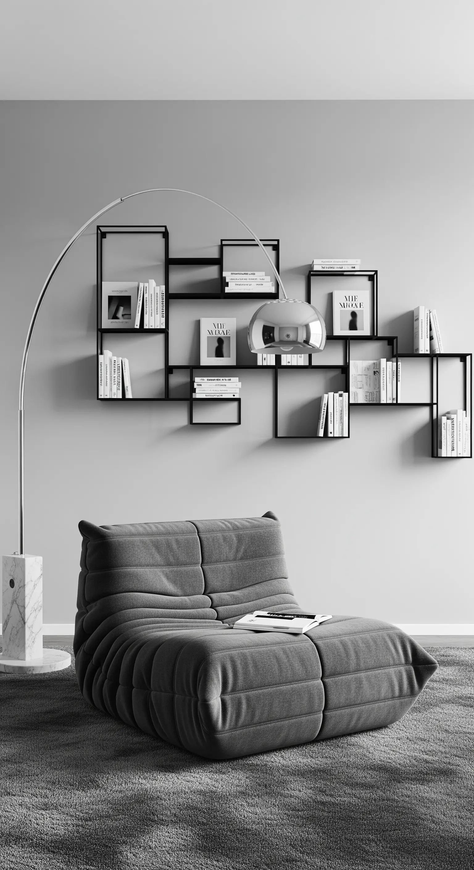 Salotto monocromatico con divano modulare grigio e lampada ad arco cromata.