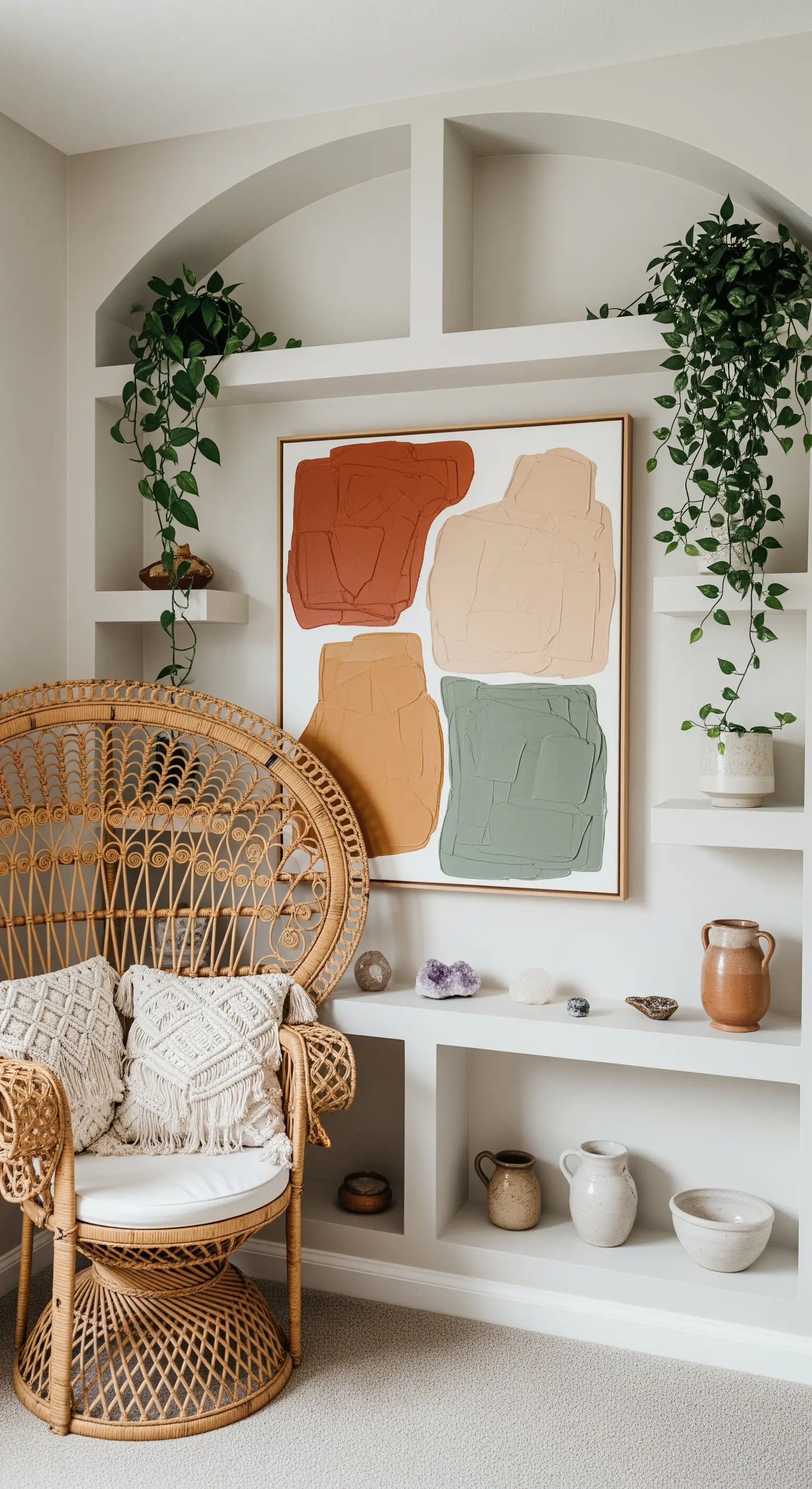 Nicchia con mensole bianche, poltrona pavone in rattan e quadro materico nei toni della terra.