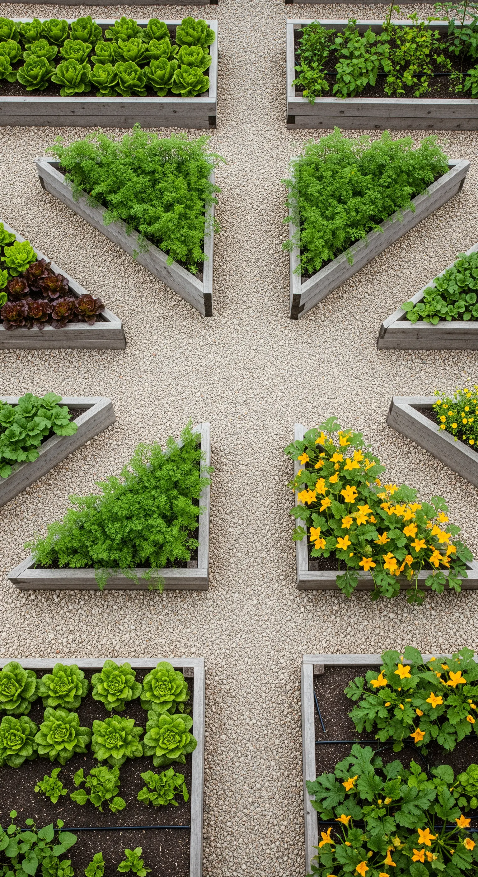 Orti rialzati con forme geometriche triangolari e quadrate su un letto di ghiaia.