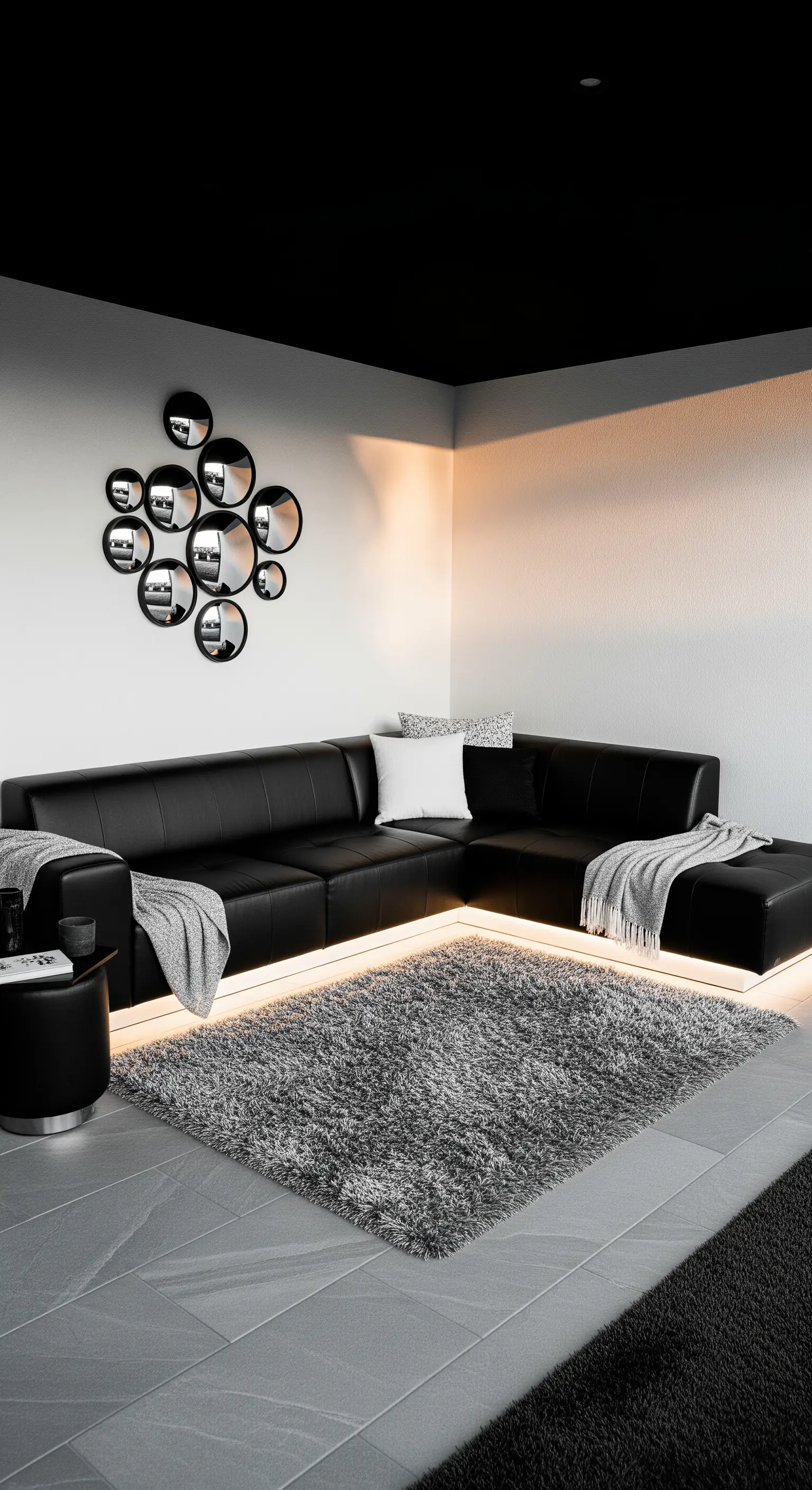 Salotto moderno con divano nero a L, illuminazione LED alla base e specchi rotondi a parete