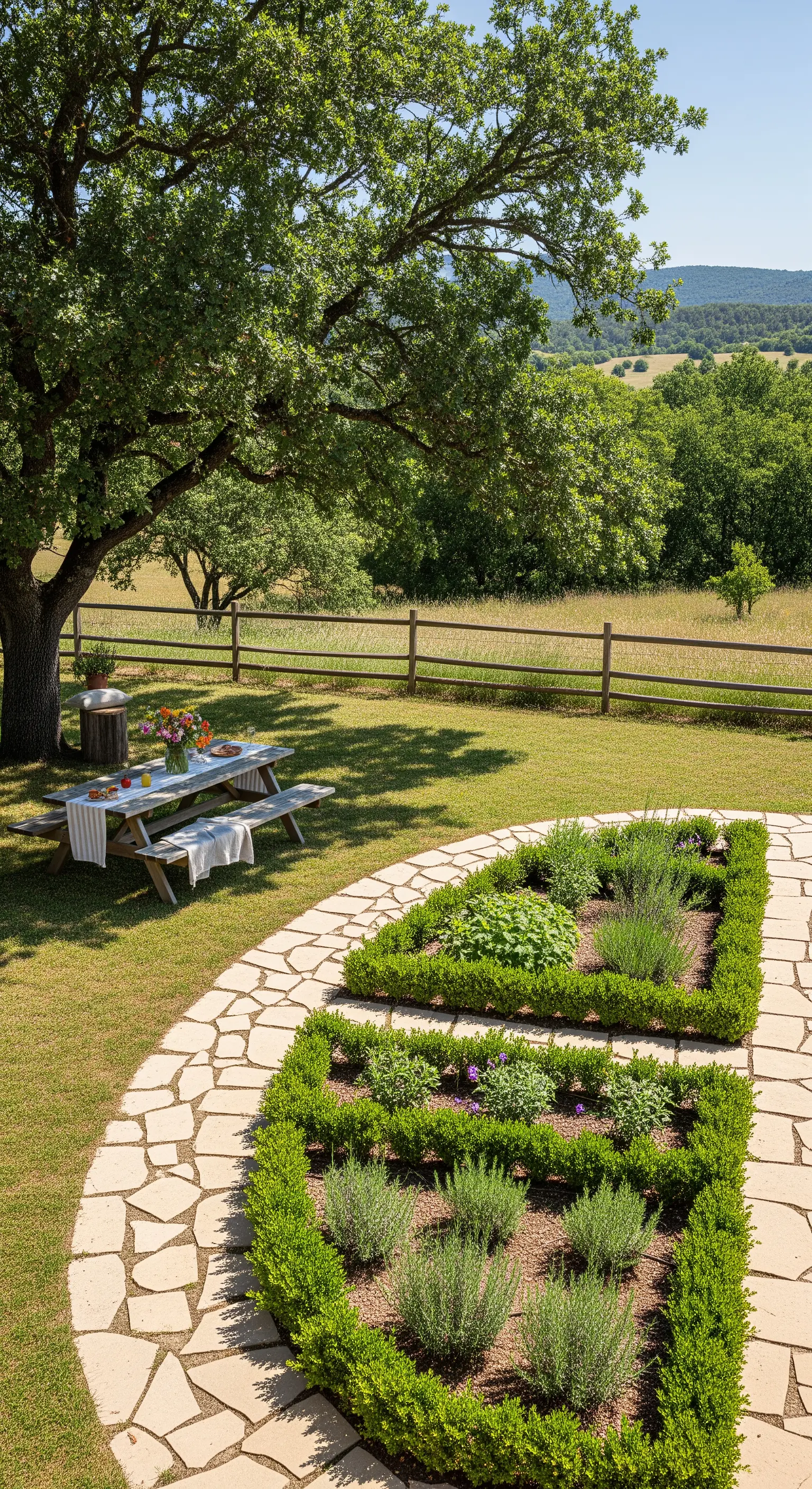 Aiuole geometriche per erbe aromatiche definite da un sentiero curvo in pietra chiara.